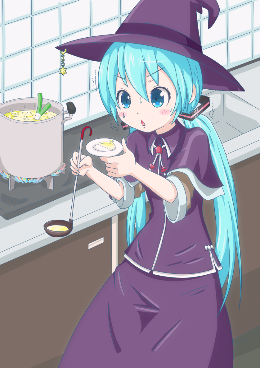 1girl aqua_eyes aqua_hair blush female_focus hat hatsune_miku hatsune_negame ladle long_hair plate purple_hat solo spring_onion sweat tasting_plate twintails vocaloid witch witch_hat