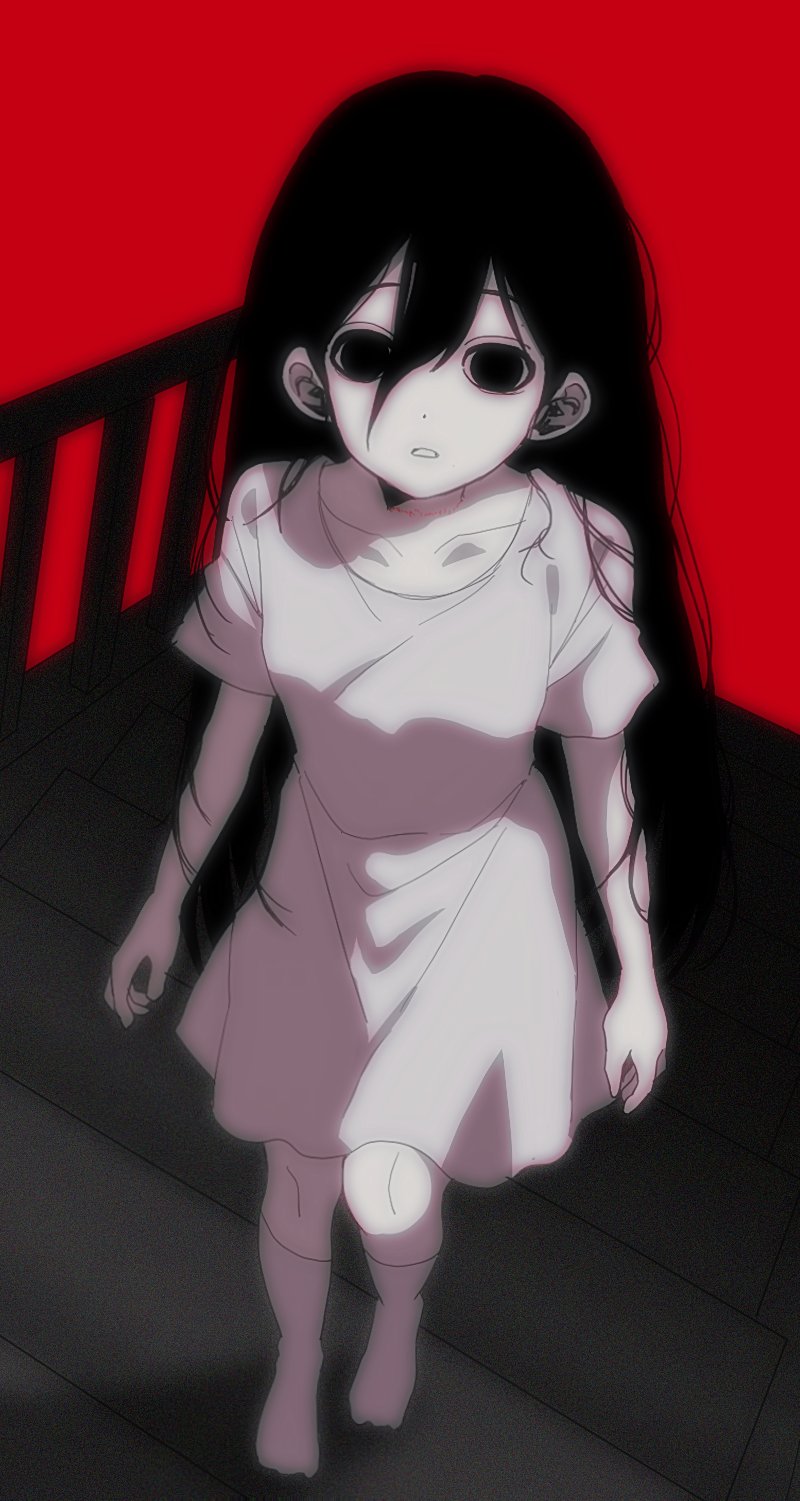 1girl arms_at_sides bare_arms breasts chromatic_aberration collarbone dot_nose double-parted_bangs dress empty_eyes film_grain from_above full_body greyscale_with_colored_background hair_behind_ear hair_between_eyes highres kneehighs long_hair looking_at_viewer mari_(faraway)_(omori) mari_(omori) medium_dress my_loleeta no_pupils no_shoes omori parted_lips red_background short_sleeves simple_background small_breasts socks solo spoilers stairs standing strangulation_mark very_long_hair walking