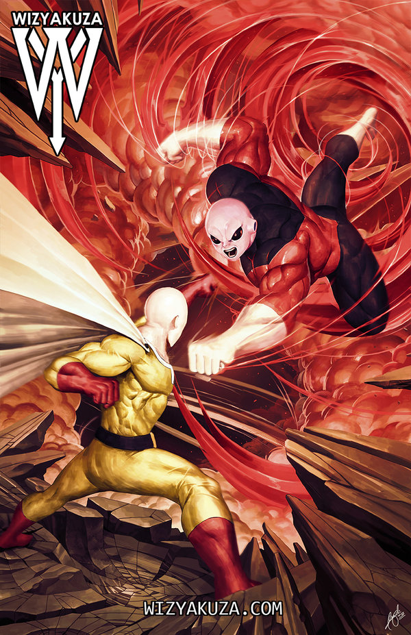 10s 2boys alien angry bald black_eyes bodysuit cape crossover dragon_ball dragon_ball_super fighting frown full_body gloves jiren male_focus multiple_boys muscular no_pupils one-punch_man open_mouth punching red_footwear red_gloves saitama_(one-punch_man) superhero_costume wizyakuza