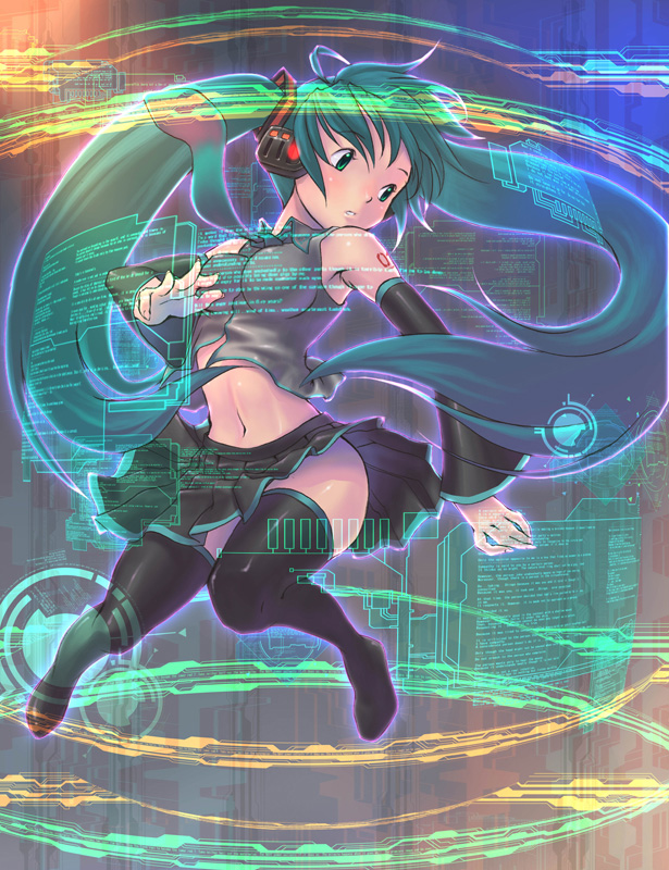 1girl aqua_eyes aqua_hair augmented_reality bad_id bad_pixiv_id black_thighhighs detached_sleeves female_focus hatsune_miku long_hair looking_away midriff necktie shiroi_karasu solo thighhighs twintails vocaloid