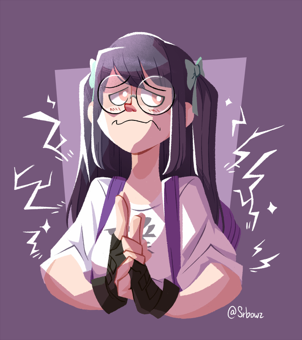 1girl backpack bag black_gloves blush clothes_writing eyebrows female_focus fingerless_gloves gloves hand_signs long_hair orange_eyes purple_hair shin_subarashiki_kono_sekai shirt solo subarashiki_kono_sekai twintails upper_body usui_nagi white_shirt