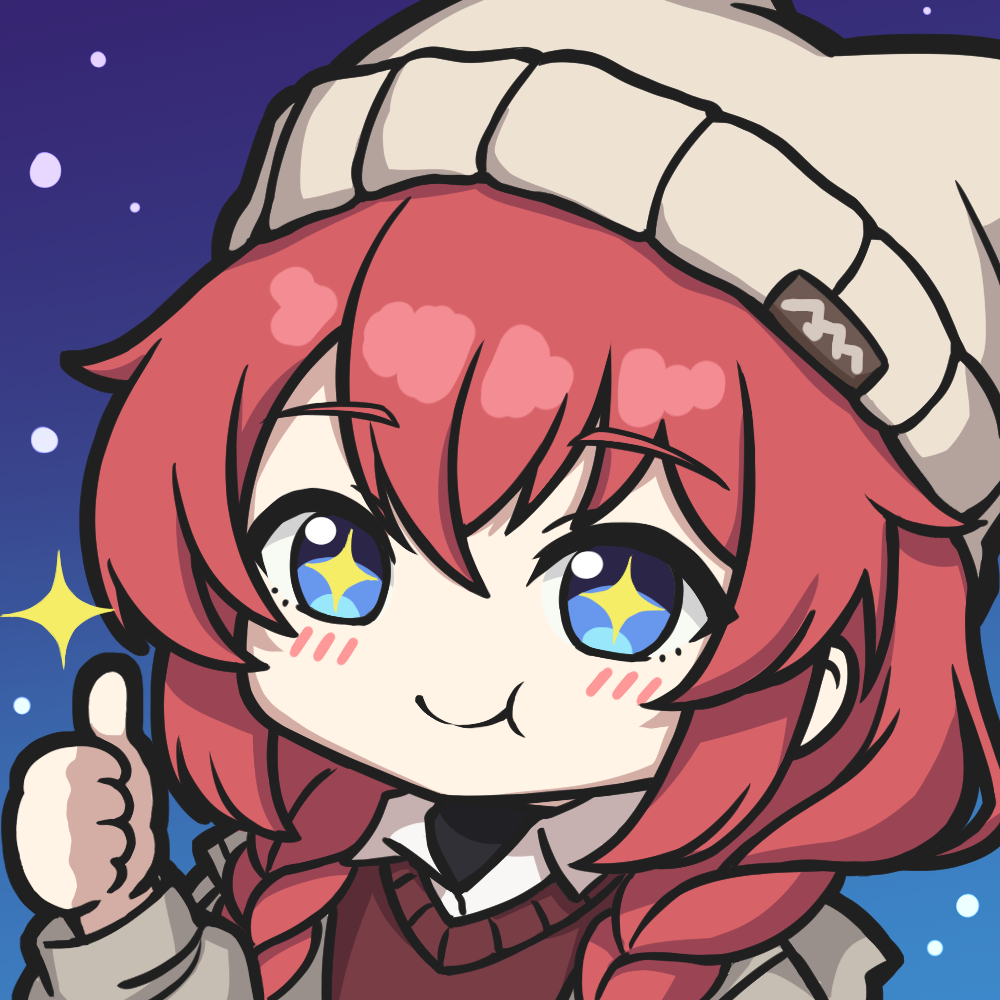 1girl animal_hat beanie black_shirt blue_archive blue_background blue_eyes blush braid brown_hair cat_hat chibi collared_shirt commentary double-parted_bangs gradient_background grey_jacket hair_over_shoulder hat jacket kelinch1 layered_shirt long_hair looking_at_viewer low_twin_braids maki_(blue_archive) maki_(camp)_(blue_archive) no_halo official_alternate_costume open_clothes open_jacket red_hair red_sweater shirt sidelocks smile solo sparkle sparkling_eyes sweater thumbs_up turtleneck turtleneck_sweater twin_braids upper_body v-neck white_shirt