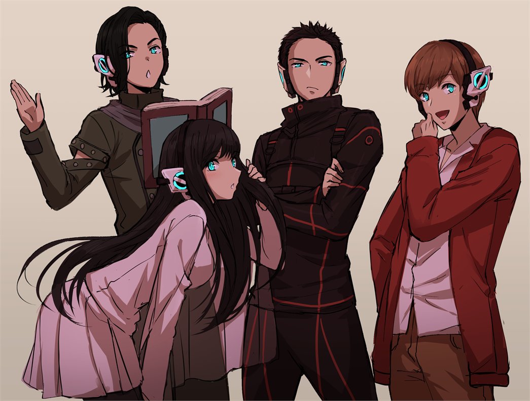 1girl 3boys alternate_universe android bent_over black_hair black_jacket black_pants blue_eyes blunt_bangs book boots breasts brown_hair brown_pants coat commentary commentary_request crossed_arms dress glowing glowing_eyes green_eyes green_jacket grin hat headphones humagear_headphones jacket kamen_rider kamen_rider:_reiwa_the_first_generation kamen_rider_01_(series) kamen_rider_zi-o_(series) light_smile long_coat long_hair looking_at_viewer male_focus medium_breasts mido_(byebyebye03) mole mole_under_eye multiple_boys myoukouin_geiz ouma_advent_calendar pants pantyhose pink_eyes pink_jacket pink_scarf pink_shirt red_eyes red_jacket scarf shirt shoes short_hair sidelocks sitting smile straight_hair striped_clothes striped_shirt tokiwa_sougo trench_coat tsukuyomi_(zi-o) uniform watch white_dress woz_(kamen_rider_zi-o) wristwatch