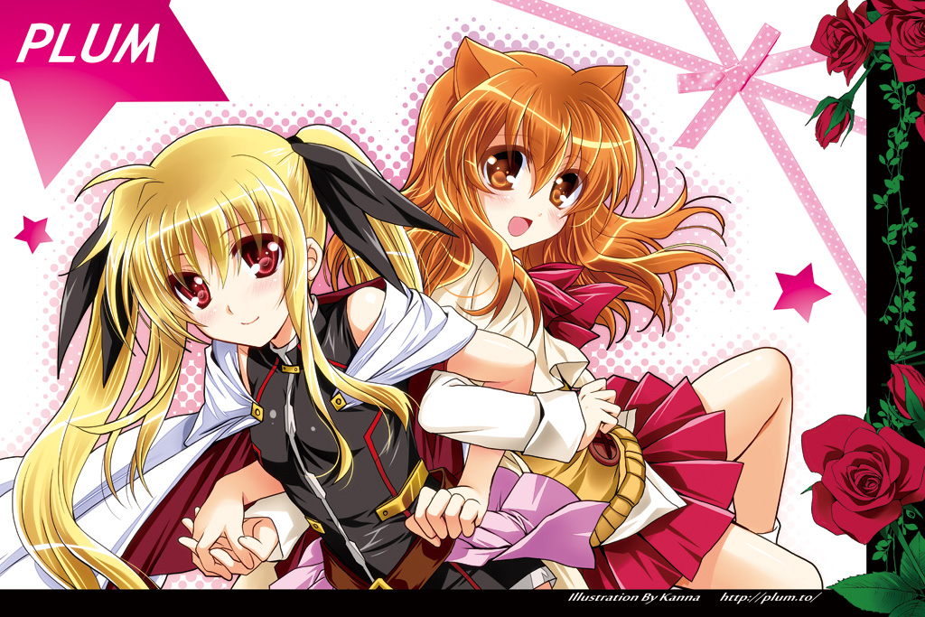 10s 2girls animal_ears artist_name bare_shoulders belt blonde_hair blush bow buckle cape company_connection crossover dog_days dog_ears dog_girl fate_testarossa fate_testarossa_(blaze_form) flower holding_hands kanna_(plum) long_hair long_sleeves lyrical_nanoha mahou_shoujo_lyrical_nanoha mahou_shoujo_lyrical_nanoha_a&#039;s mahou_shoujo_lyrical_nanoha_the_movie_2nd_a&#039;s mizuki_nana multiple_girls orange_eyes orange_hair red_eyes ribbon ricotta_elmar skirt smile socks star_(symbol) twintails voice_actor_connection watermark web_address