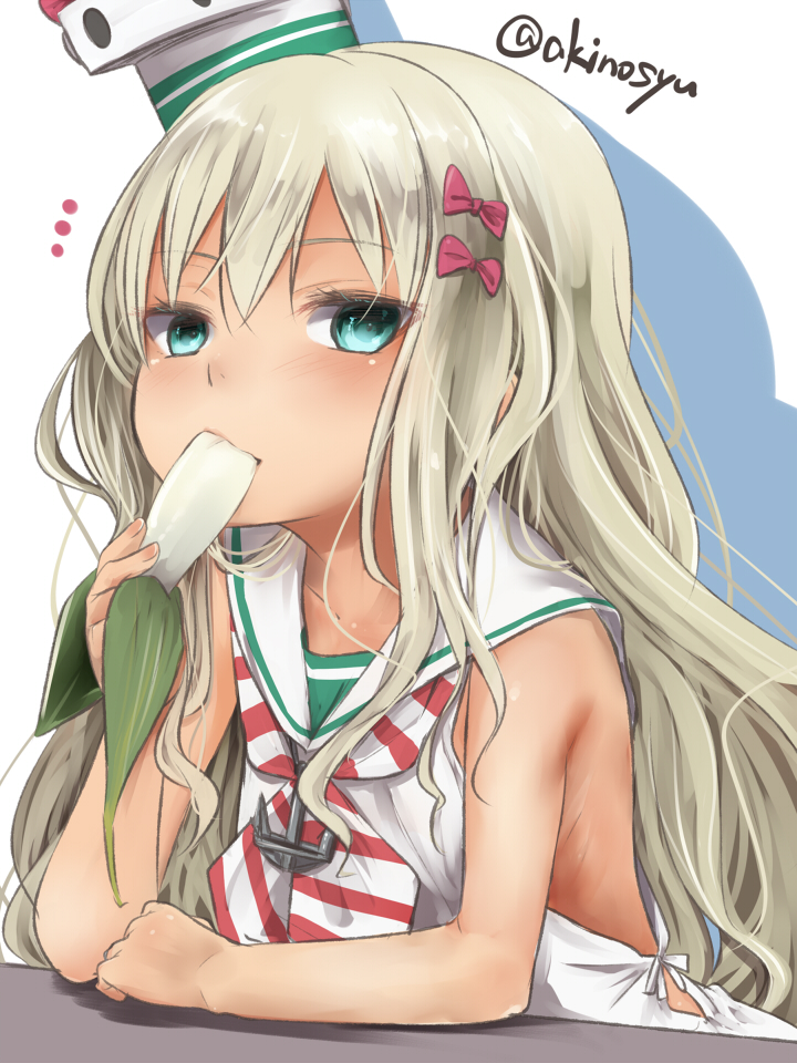 1girl akino_shuu bare_arms bare_shoulders bow brown_hair commentary_request diagonal-striped_clothes diagonal-striped_neckerchief dress drop_shadow eating food food_request grecale_(kancolle) green_eyes hair_between_eyes hair_bow holding holding_food kantai_collection long_hair looking_at_viewer neckerchief notice_lines red_bow sailor_collar sailor_dress sleeveless sleeveless_dress solo striped_clothes twitter_username upper_body very_long_hair white_background white_dress white_sailor_collar