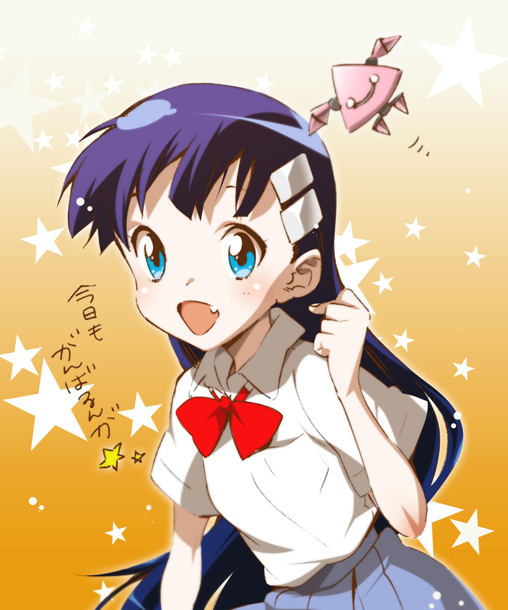 00s fang hair_ornament hairclip highres kiyal_bachika kiyalunga long_hair mecha purple_hair robot school_uniform solo tengen_toppa_gurren_lagann tengen_toppa_gurren_lagann:_parallel_works yukimitsuki