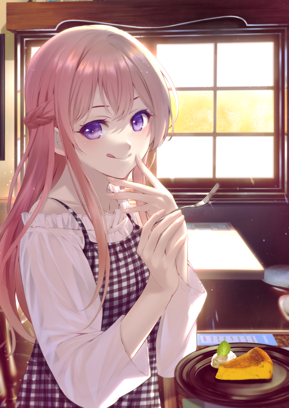 1girl cake cake_slice closed_mouth collarbone commentary_request cover cover_page dress food fork frilled_shirt frills hands_up highres holding holding_fork indoors long_hair looking_at_viewer makuzawa_ouka manga_cover megami_no_cafe_terrace off-shoulder_shirt off_shoulder official_art pink_hair plaid_clothes plaid_dress plate purple_eyes seo_kouji shirt shorts_under_dress solo table tongue tongue_out upper_body white_shirt window