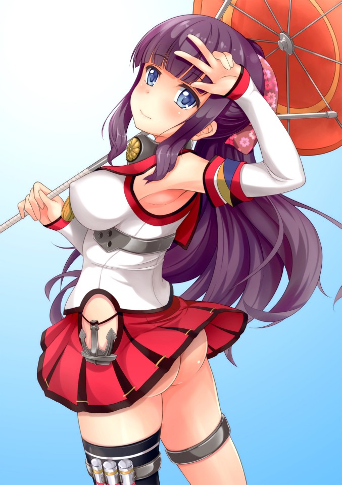 1girl ass blue_eyes blush breasts cosplay kantai_collection kishimen_(kishimen_tw) large_breasts new_game! ponytail purple_hair skirt takimoto_hifumi thighhighs thighs umbrella yamato_(kancolle) yamato_(kancolle)_(cosplay)