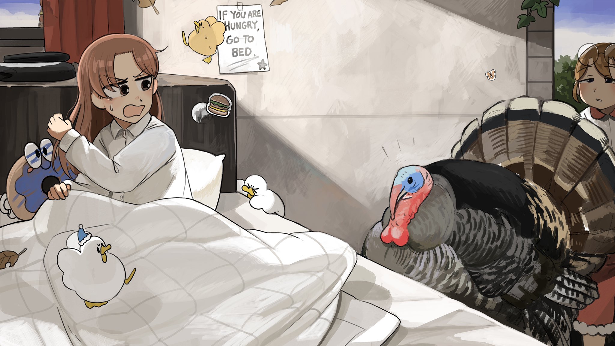 2girls baby_animal bed bird brown_eyes brown_hair chicken commentary diva_(hyxpk) duck duckling english_commentary english_text eyewear_on_head food-themed_pillow glasses glasses_nun_(diva) highres hungry_nun_(diva) little_nuns_(diva) long_hair multiple_girls round_eyewear slice_of_life turkey_(bird) under_covers