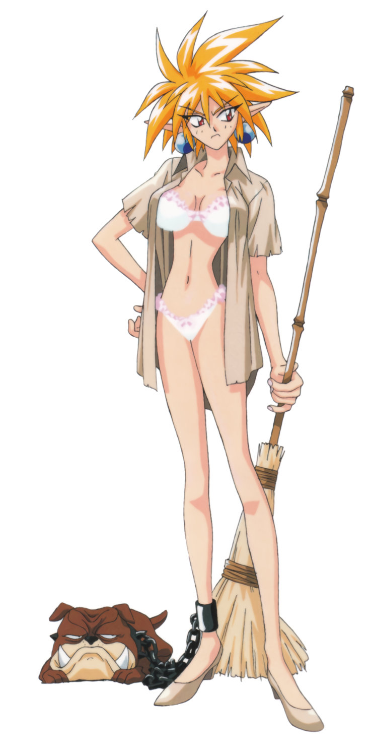 1990s_(style) 1girl blonde_hair bra breasts broom brown_footwear chain chained earrings frilled_bra frilled_panties frills full_body hand_on_own_hip high_heels highres holding holding_broom jewelry kuroda_kazuya large_breasts leska_(arara_cafe_au_lait) medium_hair navel official_art open_clothes open_shirt panties red_eyes retro_artstyle simple_background solo spiked_hair standing underwear vs_knight_lamune_&amp;_40_fire white_background white_bra white_panties