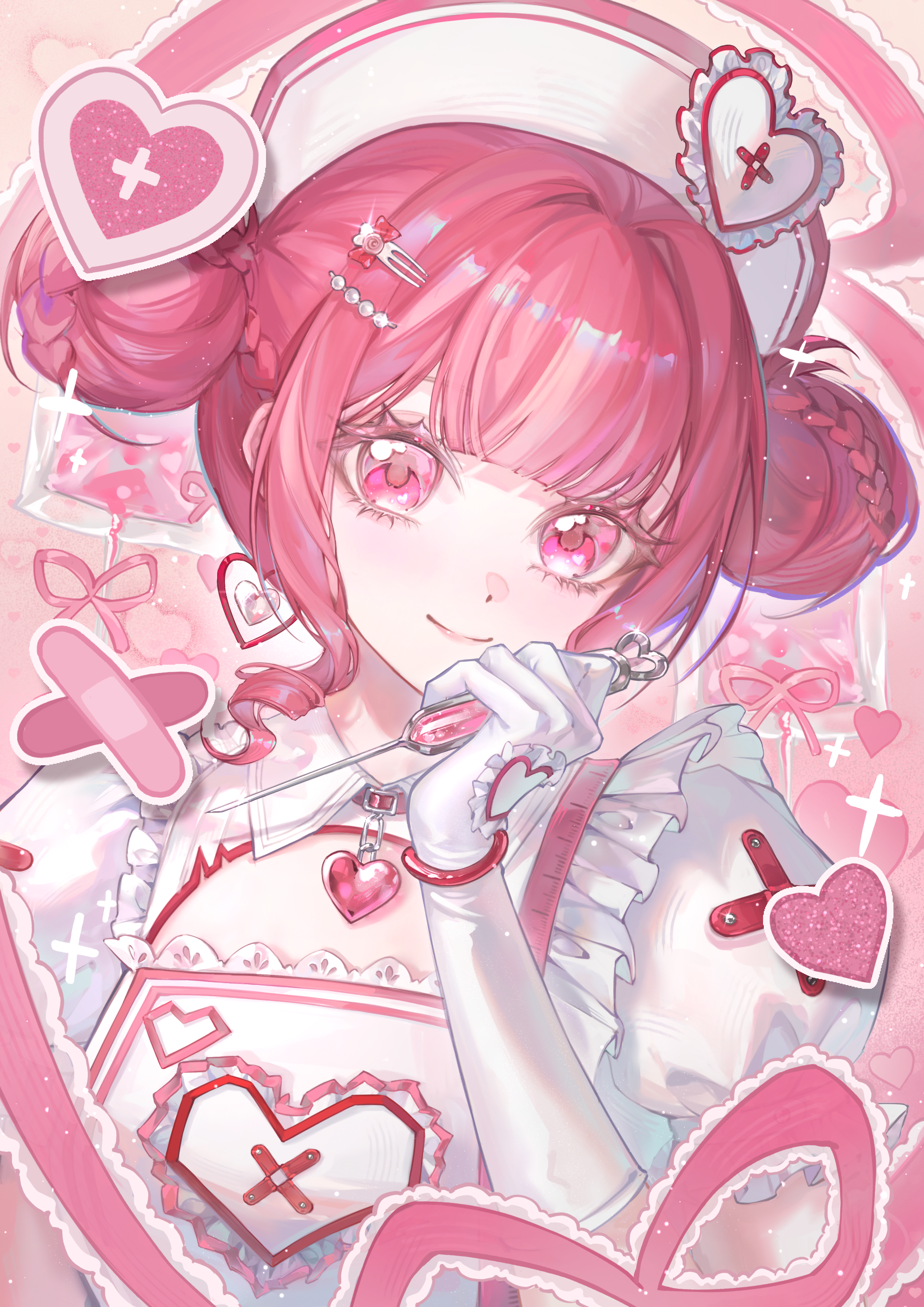 1girl absurdres closed_mouth collared_dress cross crossed_bandaids double_bun dress gloves hair_bun hand_up hat hat_ornament heart heart_hat_ornament heart_pendant highres holding holding_syringe infinity_nikki looking_at_viewer nikki_(nikki) nikki_(series) nurse nurse_cap pink_background pink_eyes pink_hair puffy_short_sleeves puffy_sleeves red_cross short_hair short_sleeves smile solo sweet_diagnosis_(infinity_nikki) syringe upper_body white_gloves white_hat xiaoji_chuangzao