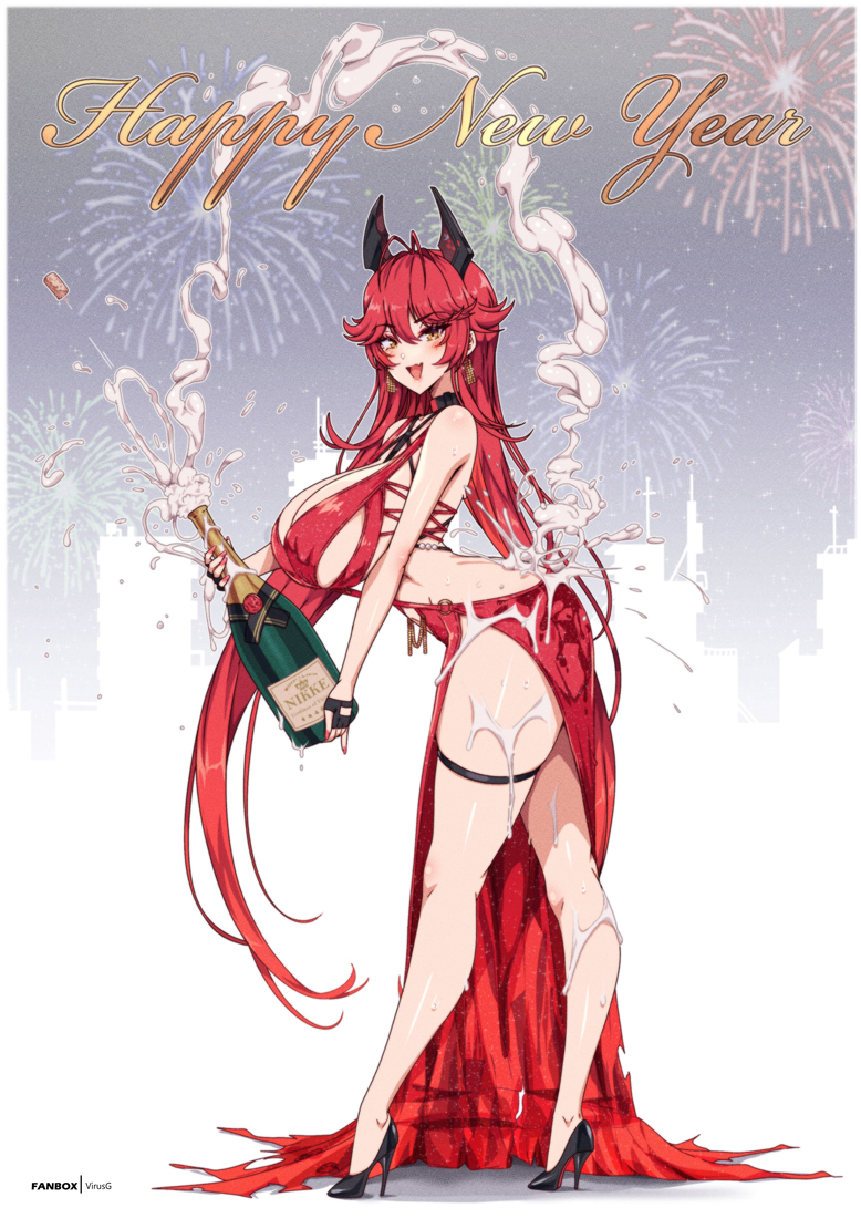 1girl alcohol ass bad_anatomy bandaid bandaid_on_foot between_breasts black_gloves blush bottle breasts butt_crack champagne champagne_bottle cleavage cork_popping dress earrings evening_gown fang fingerless_gloves gloves goddess_of_victory:_nikke hair_between_eyes high_heels holding holding_bottle horns jewelry large_breasts long_hair looking_at_viewer mechanical_horns navel official_alternate_costume open_mouth red_dress red_hair red_hood_(nikke) red_hood_(nonsense_red)_(nikke) skin_fang skindentation smile solo strap_between_breasts thigh_strap twisted_torso virus-g yellow_eyes