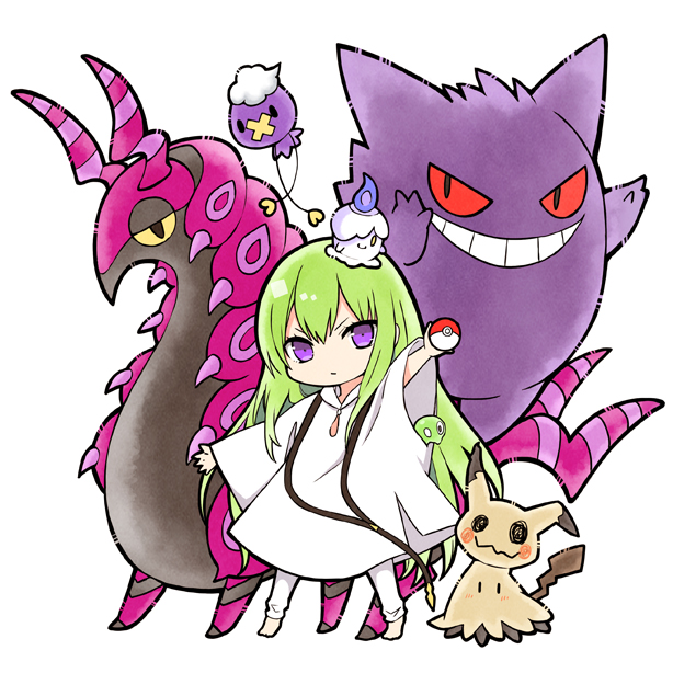 1boy barefoot commentary_request crossover drifloon enkidu_(fate) fate/grand_order fate_(series) game_freak gen_1_pokemon gen_4_pokemon gen_5_pokemon gen_6_pokemon gen_7_pokemon gengar green_hair holding holding_poke_ball kingu_(fate) legendary_pokemon litwick long_hair male_focus mimikyu nintendo on_head pants poke_ball poke_ball_(basic) pokemon pokemon_(creature) pokemon_on_head purple_eyes robe scolipede v-shaped_eyebrows very_long_hair white_pants white_robe yoyo_9ea zygarde zygarde_core