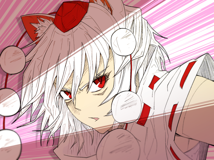 1girl animal_ears female_focus hat inubashiri_momiji pandora-ex red_eyes short_hair solo tokin_hat touhou white_hair wolf_ears