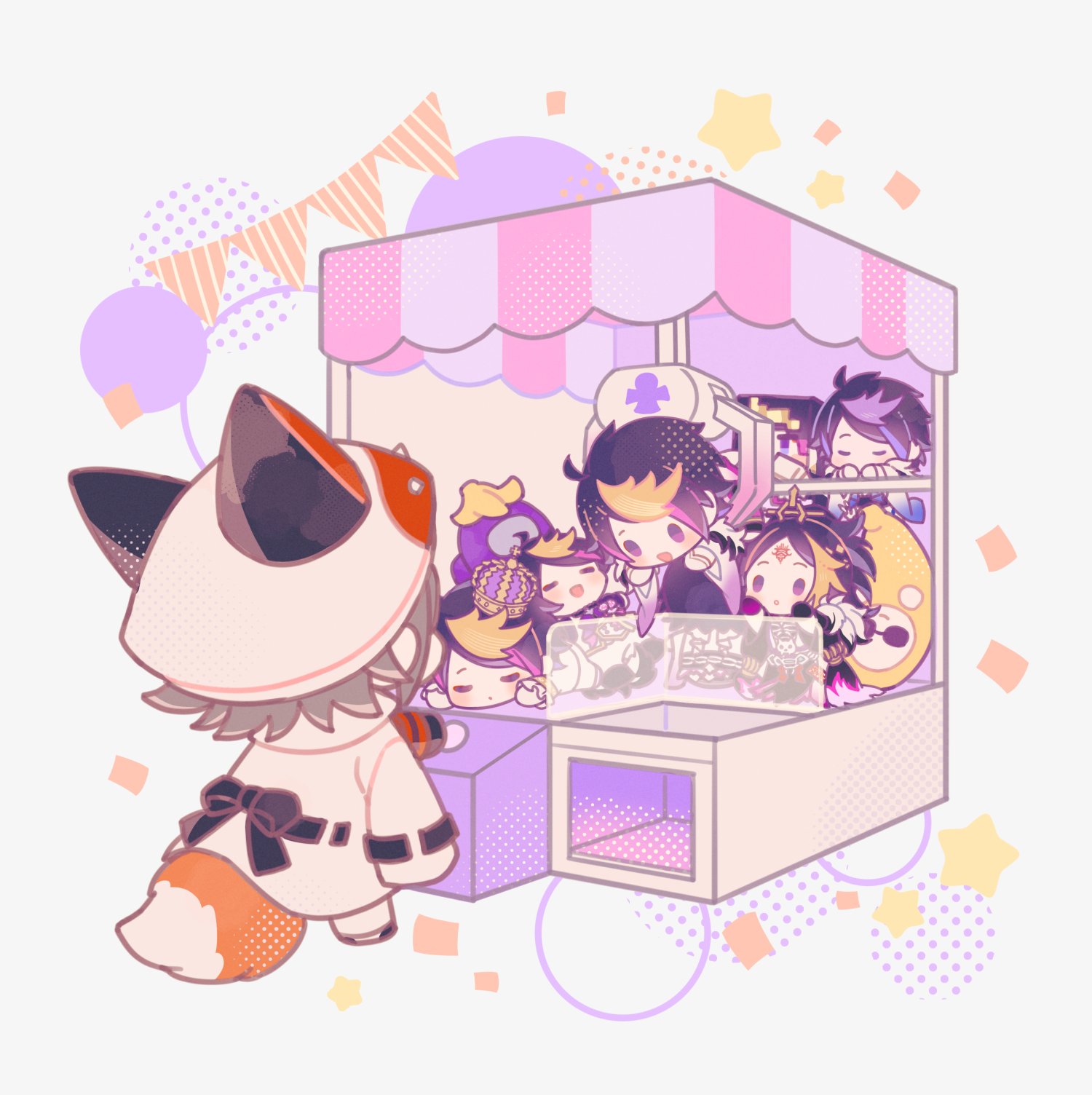 6+boys :d :o among_us animal_ears animal_hat ayame_(3103942) banana_peel black_hair black_pants black_ribbon blonde_hair brown_hair character_doll chibi circle closed_eyes commentary confetti cool_banana_(polygonal_mind) crane_game crewmate_(among_us) crown facial_mark facing_away forehead_mark fox_ears fox_hat fox_tail hat highres jacket jacket_on_shoulders long_hair minecraft mini_person miniboy multicolored_hair multiple_boys mysta_rias mysta_rias_(1st_costume) nijisanji nijisanji_en official_alternate_costume open_mouth pants parted_bangs pennant pink_hair polygonal_mind purple_(among_us) purple_eyes purple_hair ribbon short_hair shu_yamino shu_yamino_(1st_costume) shu_yamino_(2nd_costume) sidelocks simple_background smile standing star_(symbol) streaked_hair string_of_flags swept_bangs tail virtual_youtuber white_background white_headwear white_jacket