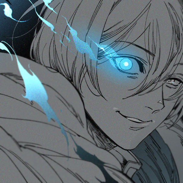 1boy blue_eyes commentary_request evil_smile glowing glowing_eye greyscale hair_between_eyes jin_k1ri looking_at_viewer male_focus monochrome octopath_traveler octopath_traveler_ii portrait robe short_hair smile solo spot_color temenos_mistral uneven_eyes