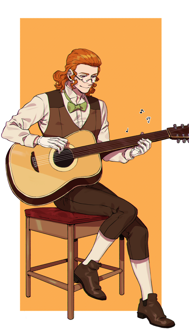 1boy acoustic_guitar alpha_transparency bow bowtie brown_footwear brown_hair brown_pants brown_vest classicaloid dress_shoes franz_schubert_(classicaloid) full_body glasses gloves green_bow green_bowtie guitar highres holding holding_guitar holding_instrument instrument male_focus music musical_note pants playing_guitar playing_instrument round_eyewear sf_jd shirt sitting socks solo stool vest white_gloves white_shirt white_socks