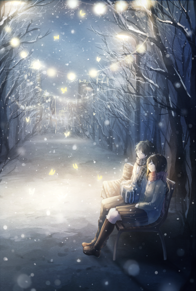 1boy 1girl bad_id bad_pixiv_id bag bench black_hair cardigan dark domik closed_eyes head_on_another&#039;s_shoulder lights long_hair night original outdoors park scarf scenery school_bag short_hair sitting smile snow snowing tree vanishing_point winter