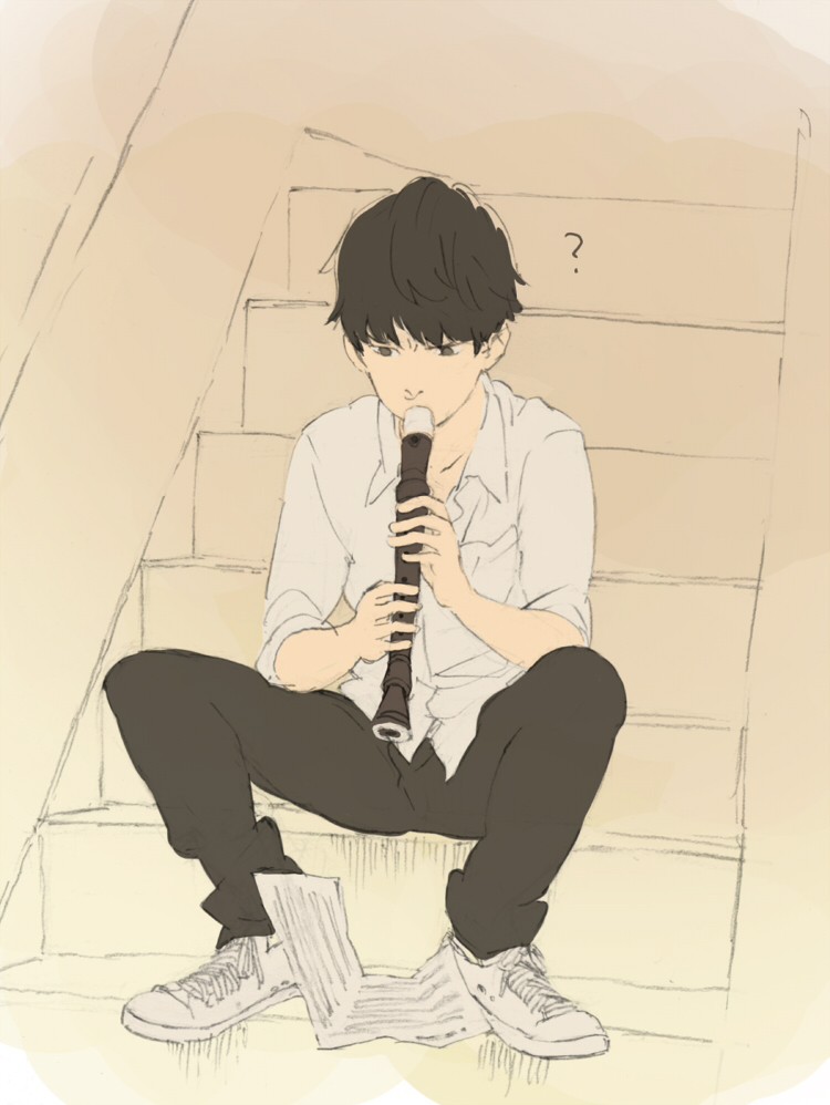 1boy ? black_hair black_pants collared_shirt flute full_body instrument long_sleeves male_focus mitosa music original pants playing_instrument recorder sheet_music shirt short_hair sitting sitting_on_stairs solo stairs