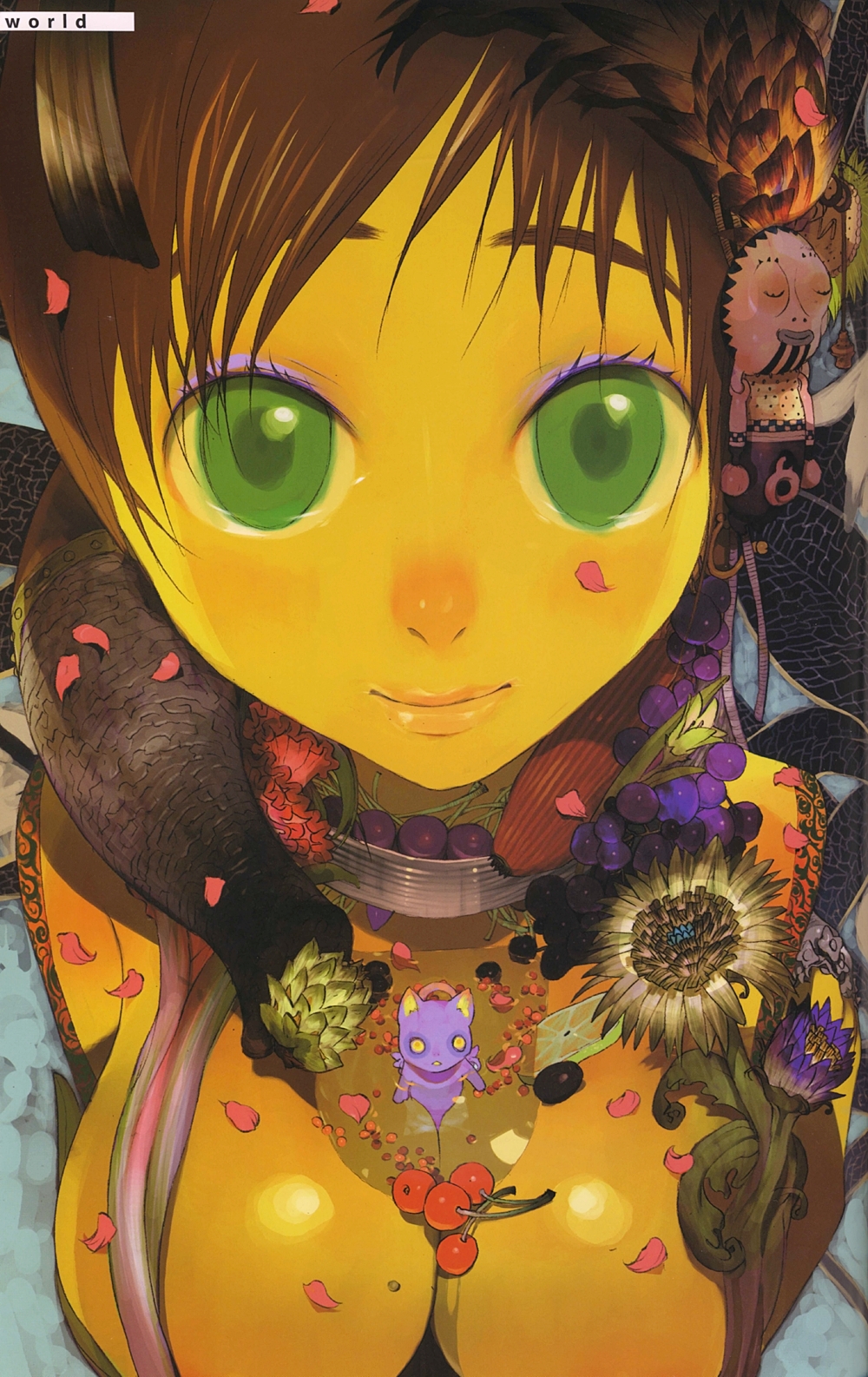 1girl between_breasts breasts brown_hair cherry cleavage female_focus flower food fruit grapes green_eyes hair_ornament highres okama original petals scan smile solo