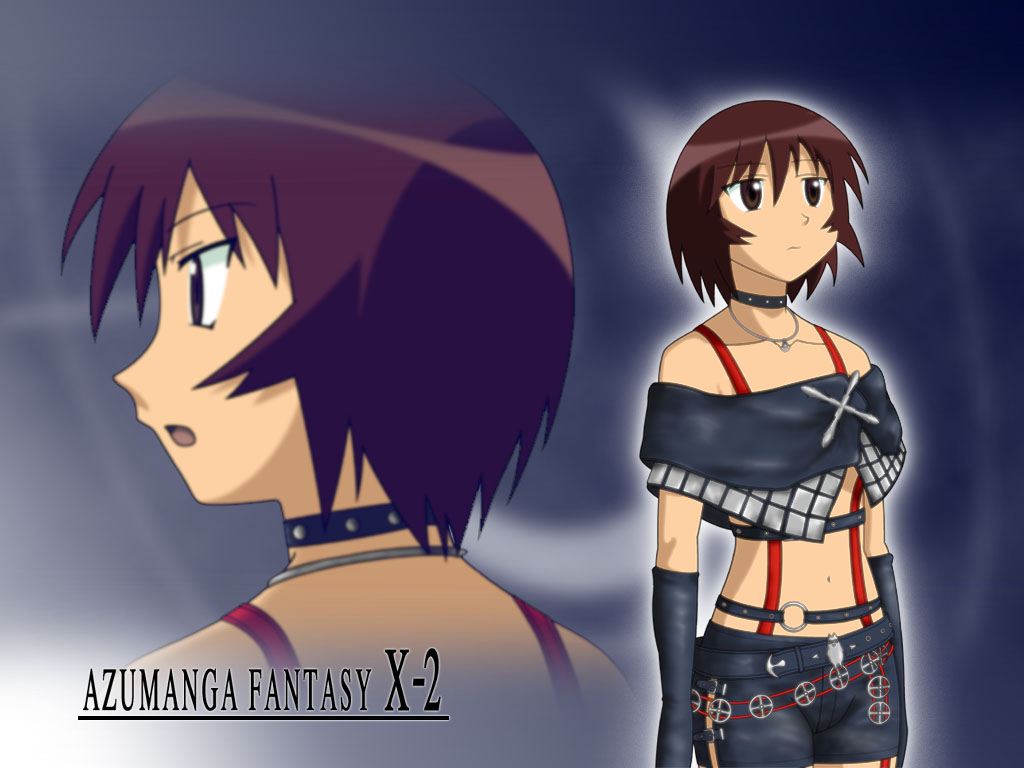 1girl azufan azumanga_daiou belt black_shorts brown_eyes brown_hair choker cosplay fantasy female_focus final_fantasy final_fantasy_x final_fantasy_x-2 jewelry kagura kagura_(azumanga_daioh) necklace niinii paine paine_(cosplay) paine_(ff10) paine_(ff10)_(cosplay) paine_(final_fantasy)_(cosplay) parody short_hair shorts solo trait_connection zoom_layer