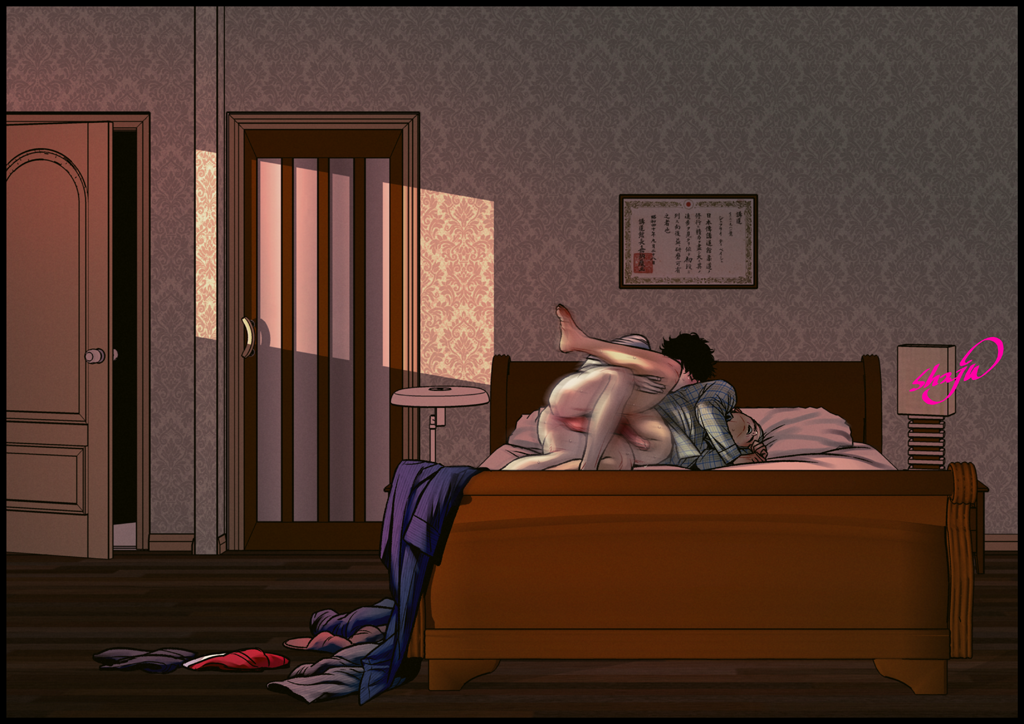 2boys anal ass bed bed_sheet bedroom black_hair blonde_hair bottomless erection john_hamish_watson lying male_focus male_penetrated multiple_boys penis pillow sex sherlock_(bbc) sherlock_holmes sherlock_holmes_(sherlock) sweat testicles text_focus undressing yaoi