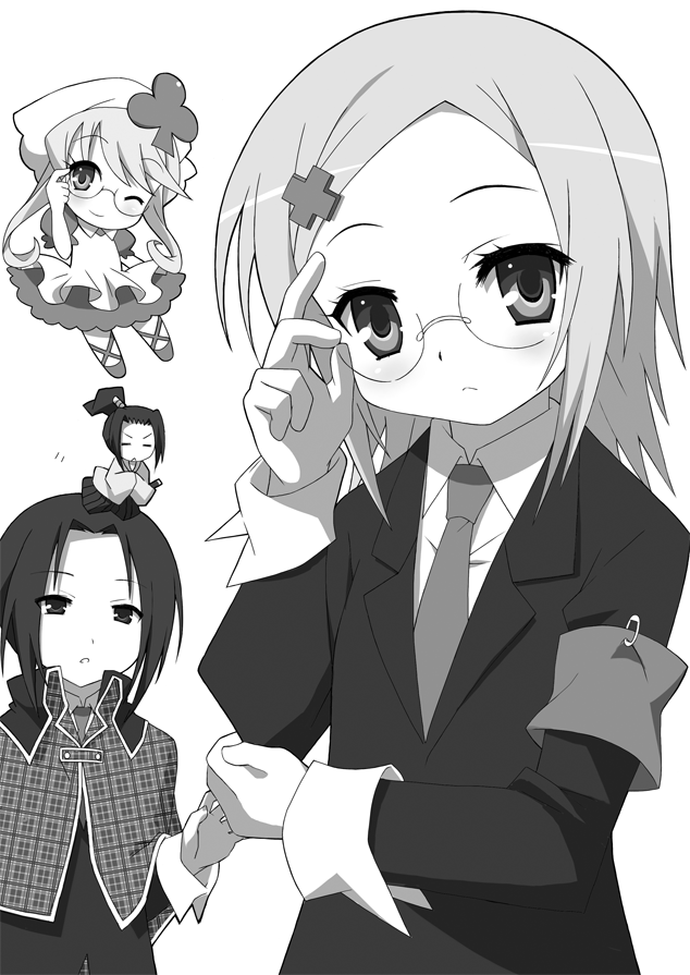 2boys 2girls 9law bad_id bad_pixiv_id cross_hair_ornament glasses greyscale hair_ornament hinamori_amu monochrome multiple_boys multiple_girls musashi_(shugo_chara!) sanjou_kairi shugo_chara! suu_(shugo_chara!)