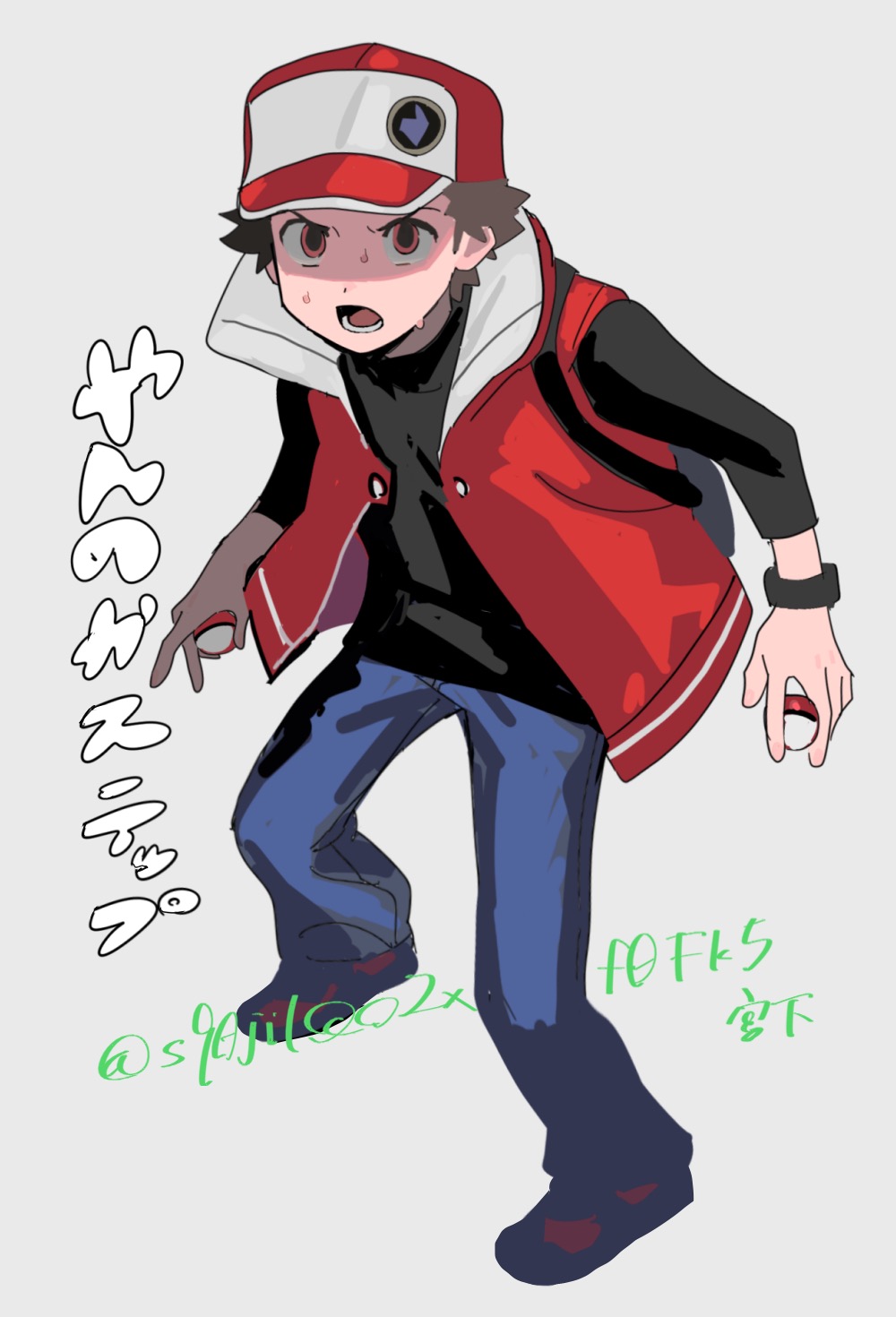 1boy backpack bag black_shirt blue_pants brown_hair commentary_request game_freak grey_background grey_bag hat highres holding holding_poke_ball jacket lower_teeth_only male_focus miyage_no_nukegara nintendo open_clothes open_jacket open_mouth pants poke_ball poke_ball_(basic) pokemon pokemon_masters_ex red_(pokemon) red_(sygna_suit)_(pokemon) red_hat red_jacket shirt short_hair solo squatting standing teeth translation_request twitter_username wristband