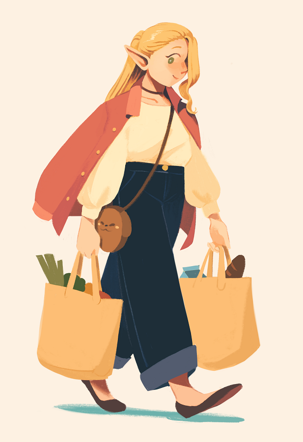 1girl bag blonde_hair blush bread contemporary denim dungeon_meshi elf food gigi_d.g. green_eyes hair_over_one_eye handbag jacket jacket_on_shoulders jeans long_hair marcille_donato pants pointy_ears shopping_bag smile solo walking