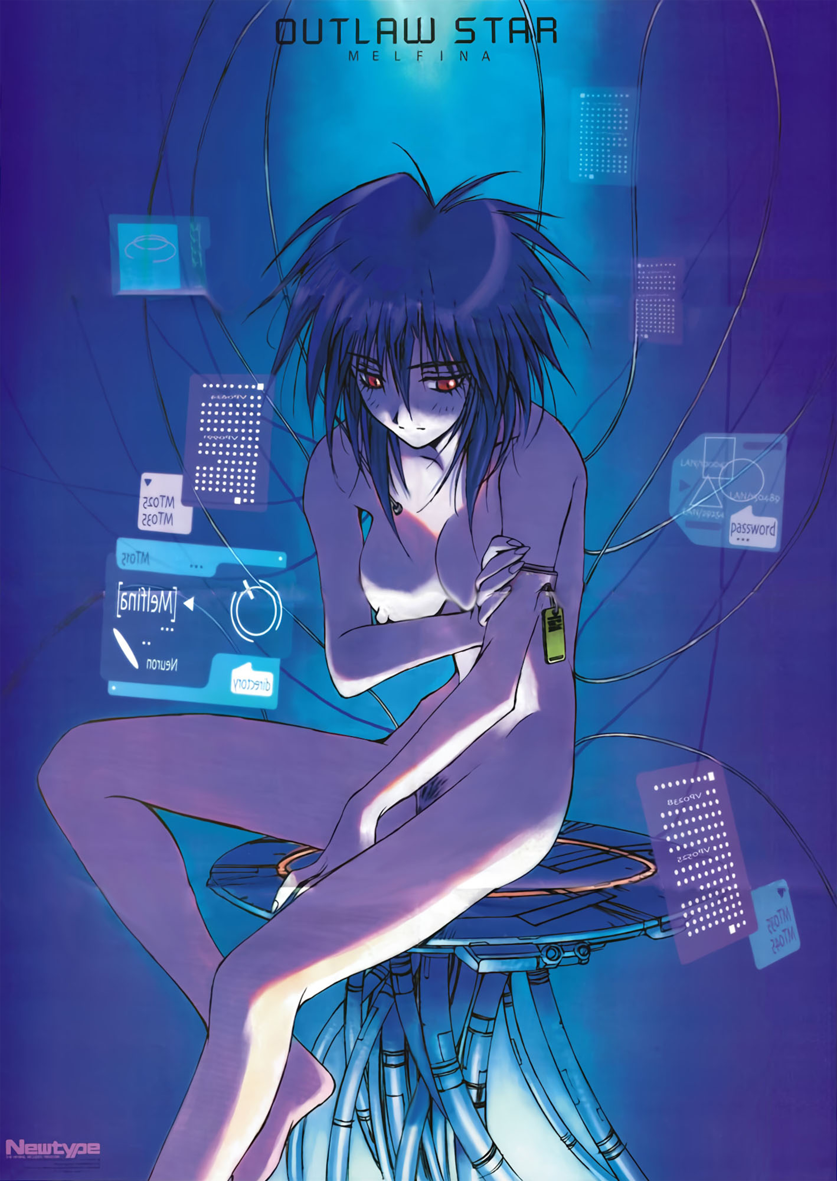 absurdres female_pubic_hair highres magazine_scan melfina_(outlaw_star) newtype nipples non-web_source nude official_art outlaw_star pubic_hair scan