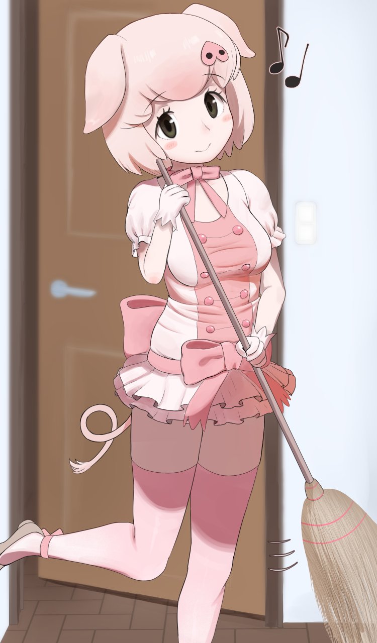 1girl animal_ears apron back_bow blush bow bowtie broom brown_eyes brown_footwear frilled_sleeves frills gloves hair_between_eyes harusan_adelie highres kemono_friends kemono_friends_3 musical_note pig_(kemono_friends) pig_ears pig_girl pig_tail pink_apron pink_bow pink_bowtie pink_hair pink_shirt pink_skirt pink_thighhighs pleated_skirt puffy_short_sleeves puffy_sleeves shirt short_sleeves sidelocks skirt smile solo standing standing_on_one_leg sweeping tail thighhighs white_gloves zettai_ryouiki