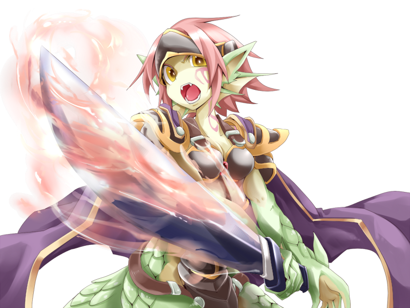 1girl animal_ears armor black_armor bmp-to-png_conversion breasts cape cleavage colored_skin cowboy_shot dragon_ears dragon_girl dragon_tail facial_tattoo fangs fighting_stance fins fire flaming_sword flaming_weapon floating_cape forehead_protector frfr game_cg granberia green_skin hair_intakes head_fins holding holding_sword holding_weapon looking_at_viewer medium_breasts mon-musu_quest! monster_girl multicolored_skin neck_tattoo non-web_source open_mouth pointy_ears purple_cape red_hair scales short_hair shoulder_armor simple_background solo sword tail tattoo teeth tongue transparent_background two-handed_sword two-tone_skin v-shaped_eyebrows weapon wide_hips yellow_eyes yellow_skin