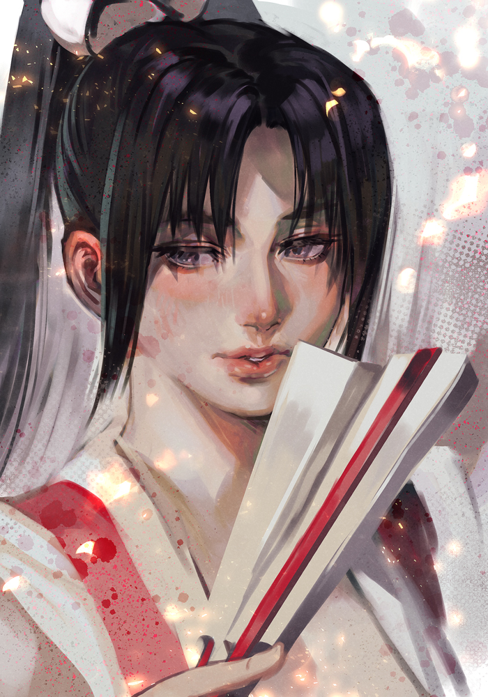 1girl black_hair crossover fatal_fury folding_fan bad_tag bad_tag hair_ornament hair_ribbon half-closed_eyes hand_fan holding holding_fan hungry_clicker japanese_clothes lips long_hair looking_to_the_side ninja paint_splatter parted_bangs parted_lips ponytail purple_eyes ribbon shiranui_mai solo street_fighter street_fighter_6 swept_bangs the_king_of_fighters