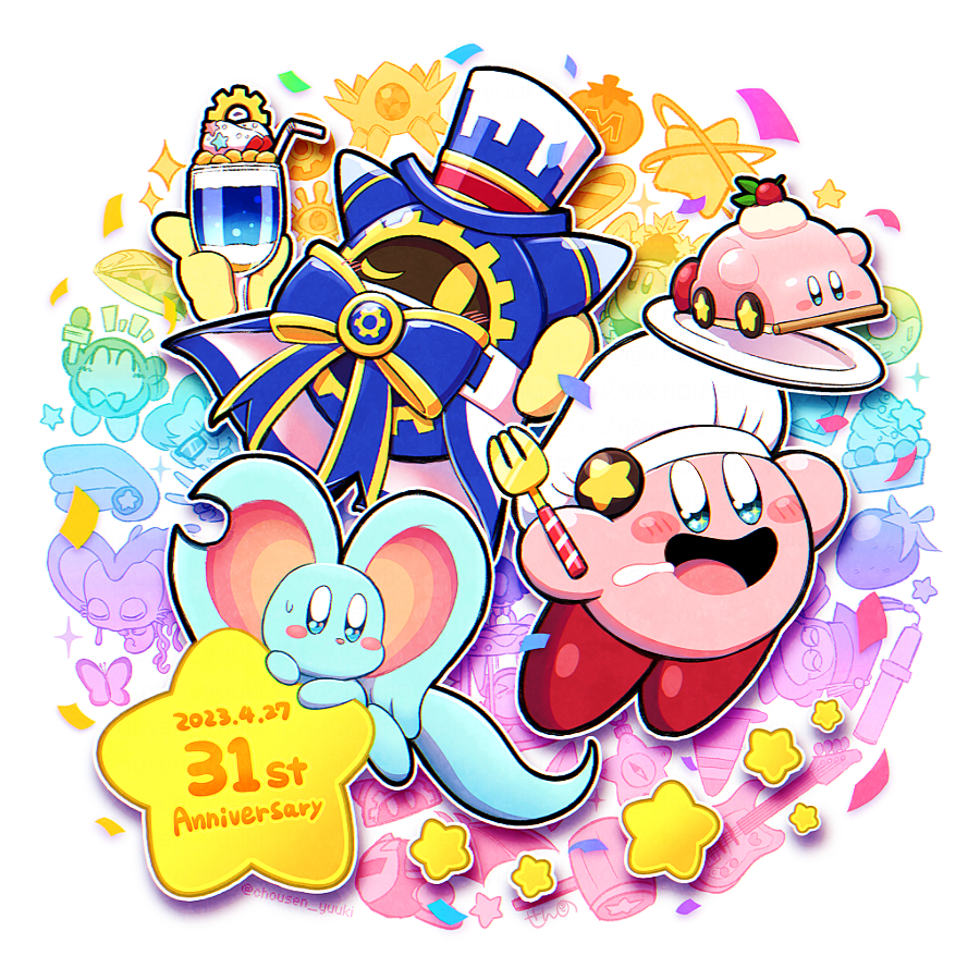 :d ^_^ anniversary artist_name blue_eyes blush blush_stickers bow bowtie bug butterfly cage cake car-mouth_cake car_mouth chef_hat cherry chousen_yuuki closed_eyes commentary_request confetti conker crown cup customer_service_(kirby) dated donut drink drinking_glass drinking_straw drooling electric_guitar elfilin fecto_forgo fecto_forgo_(larva) food fork fruit glasses guitar hammer hat hat_tassel holding holding_cup holding_fork holding_microphone insect instrument kirby kirby:_right_back_at_ya! kirby_(series) kirby_and_the_forgotten_land kirby_cafe looking_at_another magolor maxim_tomato meta_knight microphone mortarboard nintendo no_humans notched_ear notice_lines one_eye_closed open_mouth planet_popstar plate pocket_watch rainbow_gradient rayman_limbs reporter_waddle_dee scroll signature simple_background smile sparkle sparkling_eyes star_(symbol) star_block strawberry sweatdrop tart_(food) tassel top_hat traffic_cone twitter_username u_u waddle_dee watch waving_arms white_background white_headwear wise_waddle_dee yellow_eyes