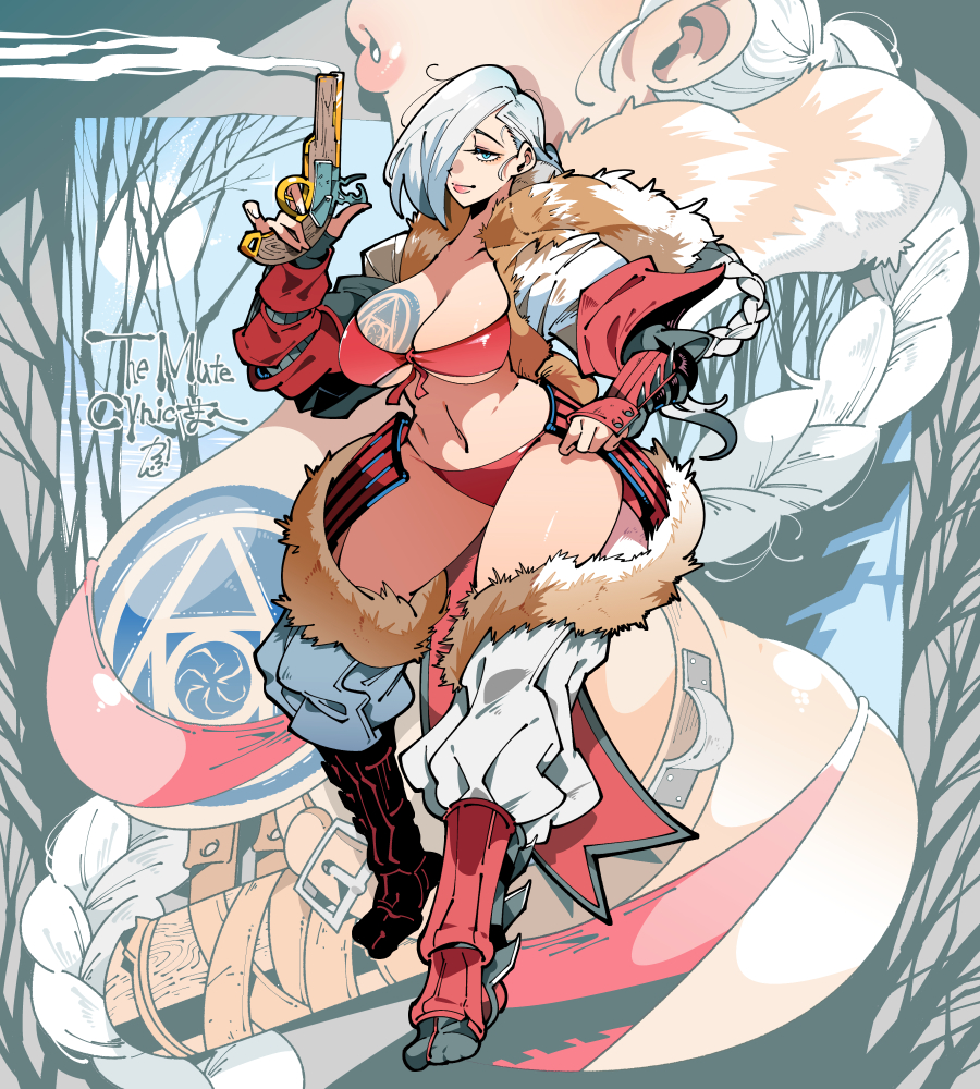 1girl antique_firearm blowing_smoke blue_eyes braid breast_tattoo breasts closed_mouth firearm firelock flintlock full_body gun hair_over_one_eye half-closed_eyes hand_up holding holding_gun holding_weapon kafun large_breasts lips long_hair looking_at_viewer navel one_eye_covered original parted_lips revealing_clothes solo tattoo weapon