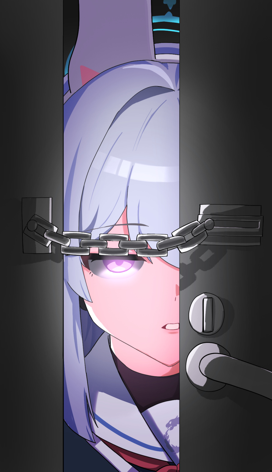1girl animal_ear_hairband animal_ears blue_archive blue_halo fake_animal_ears grey_hair hairband halo hideinroom highres long_hair looking_at_viewer miyako_(blue_archive) neckerchief parted_lips purple_eyes rabbit_ear_hairband rabbit_ears red_neckerchief sailor_collar solo staring white_hairband white_sailor_collar