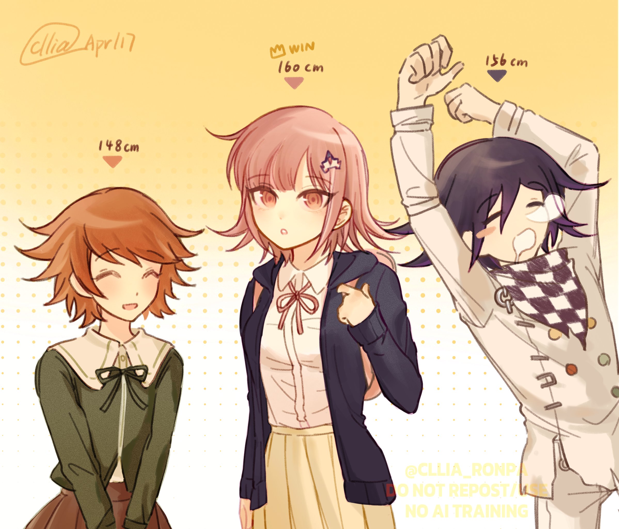1girl 2boys :d :o arms_up black_hair black_jacket blush brown_eyes brown_hair buttons checkered_neckerchief collared_shirt danganronpa:_trigger_happy_havoc danganronpa_(series) danganronpa_2:_goodbye_despair danganronpa_v3:_killing_harmony double-breasted flipped_hair fujisaki_chihiro green_jacket highres jacket kazzz long_sleeves medium_hair multiple_boys nanami_chiaki neck_ribbon neckerchief oma_kokichi open_mouth pink_ribbon ribbon shirt shirt_tucked_in smile white_background white_jacket white_shirt