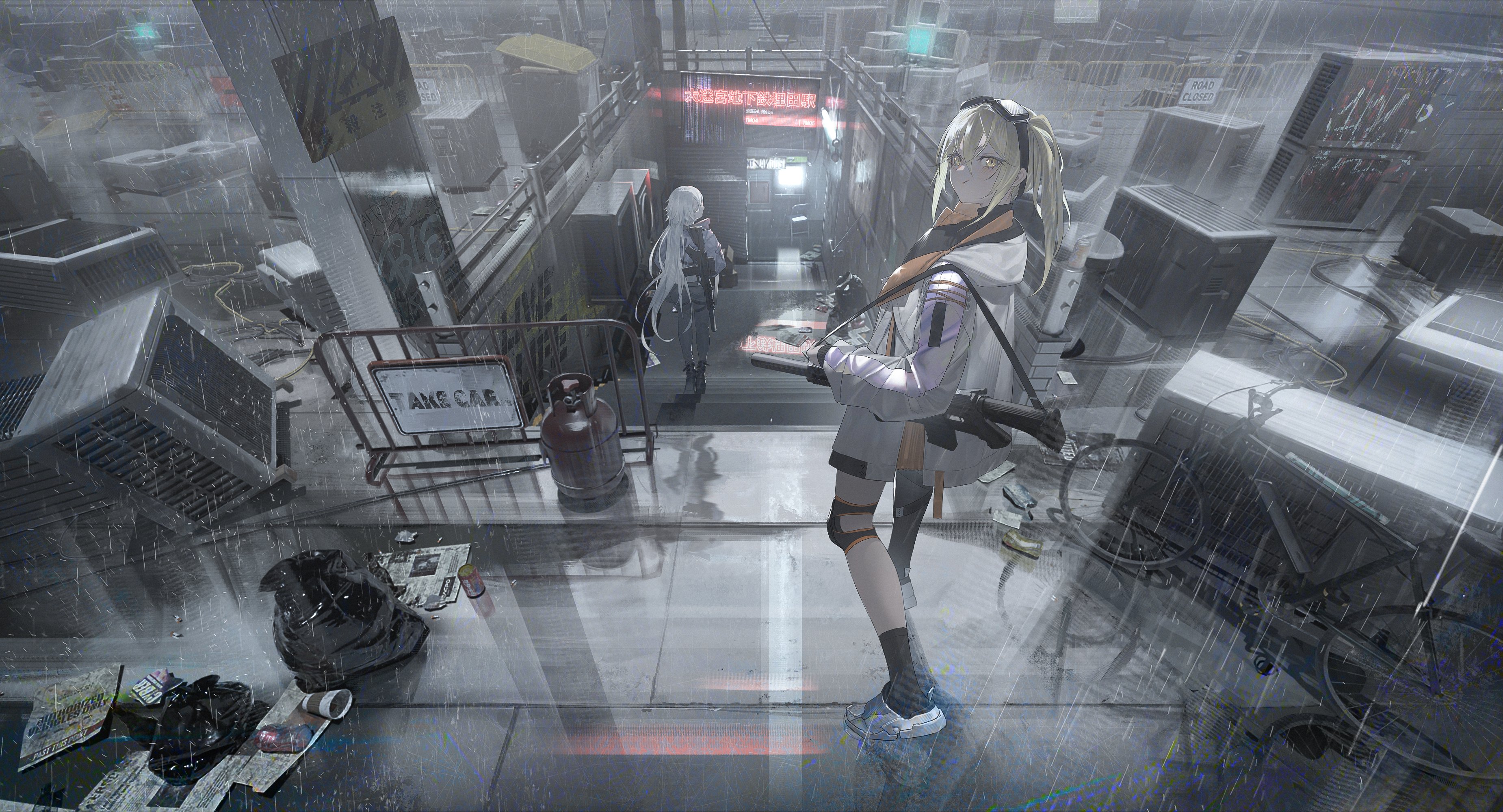 2girls absurdres bicycle blonde_hair boots city cityscape closed_mouth commentary english_commentary goggles goggles_on_head grey_pants gun hair_between_eyes highres holding holding_gun holding_weapon jacket knee_pads long_hair long_sleeves looking_at_viewer looking_back multiple_girls neon_lights orange_eyes original pants rain reflection road_sign shoes short_hair sign socks stairs standing tmt trash_bag very_long_hair walking weapon white_hair