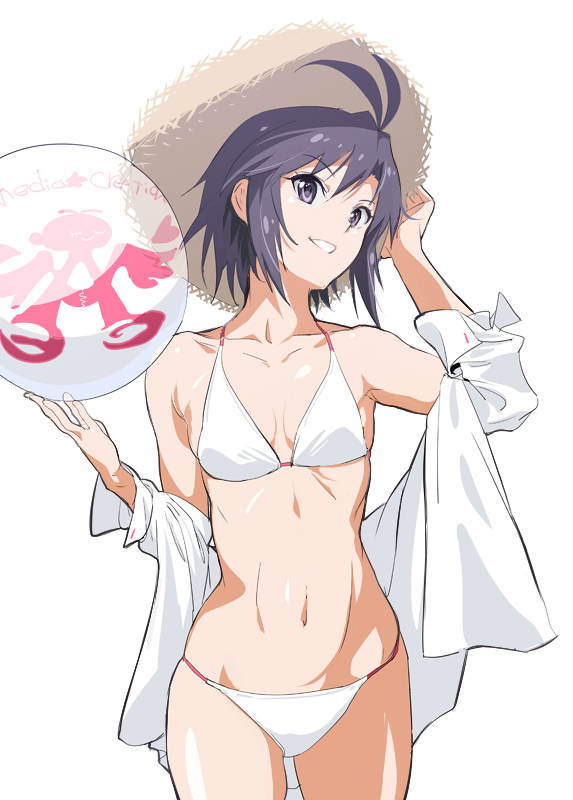 1girl :o antenna_hair bikini black_hair grin hat idolmaster idolmaster_(classic) kikuchi_makoto long_sleeves navel off_shoulder open_clothes open_shirt purple_eyes revision shino_(comic_penguin_club) shirt short_hair smile solo straw_hat swimsuit white_bikini white_shirt
