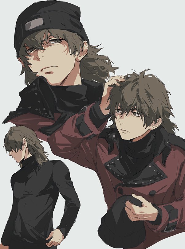 1boy aragaki_shinjirou beanie black_hat black_sweater brown_eyes brown_hair buttons coat colored_lapels commentary cropped_shoulders cropped_torso double-breasted frown hair_between_eyes hand_on_own_head hat holding holding_unworn_clothes holding_unworn_hat isa_(peien516) layered_sleeves long_sleeves male_focus medium_hair messy_hair multiple_views no_coat persona persona_3 red_coat scowl simple_background sleeve_belt studs sweater trench_coat turtleneck turtleneck_sweater unworn_hat unworn_headwear upper_body white_background