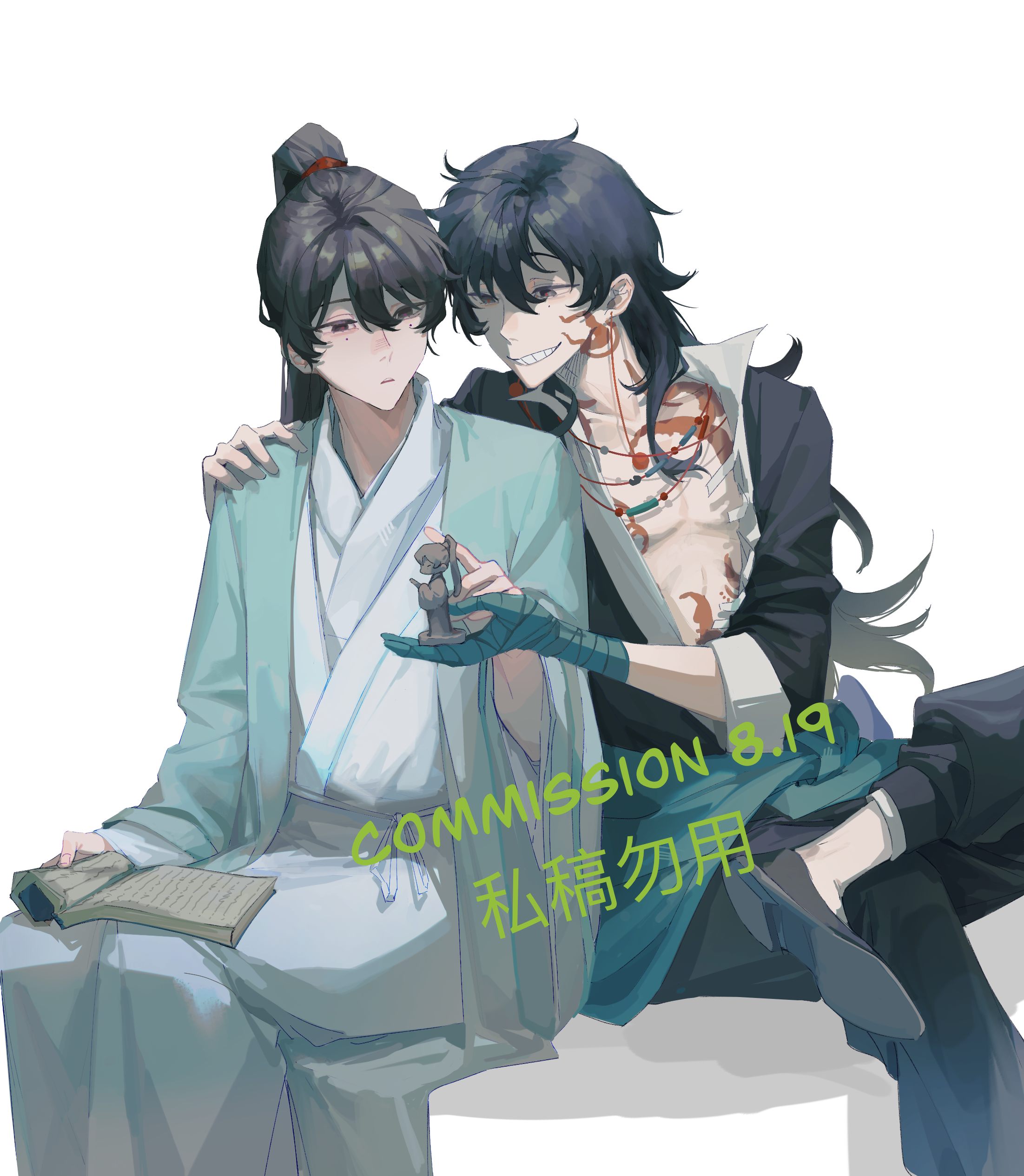 2boys absurdres aqua_coat bandaged_hand bandages black_eyes black_jacket black_pants black_shoes cen_boyao chest_tattoo chinese_clothes chinese_commentary coat commentary_request commission dated earrings grin hair_between_eyes hanfu highres huayangshan_jishi jacket jewelry long_hair luogu male_focus mole mole_under_each_eye mole_under_eye multiple_boys multiple_moles open_clothes open_coat open_jacket open_shirt pants ponytail shirt shoes sitting smile tattoo watermark white_background white_hanfu white_shirt zhao_yuwen