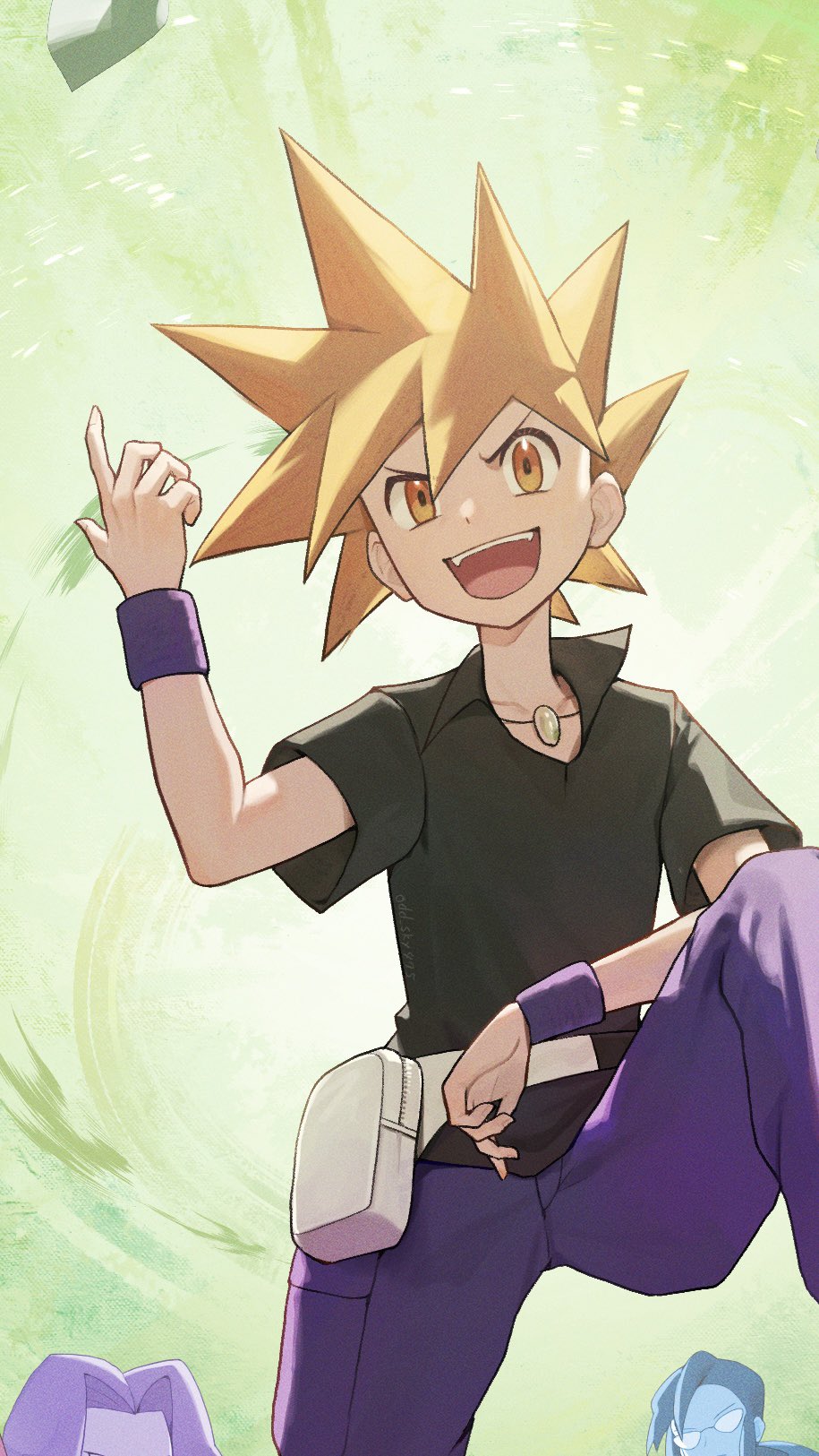 1boy 2girls agatha_(pokemon) black_shirt blue_oak fanny_pack green_background highres jewelry looking_at_viewer lorelei_(pokemon) male_focus multiple_girls necklace nintendo odd_(hin_yari) open_mouth orange_eyes orange_hair pants pokemon pokemon_frlg purple_pants shirt solo_focus spiked_hair sweatband white_bag wristband