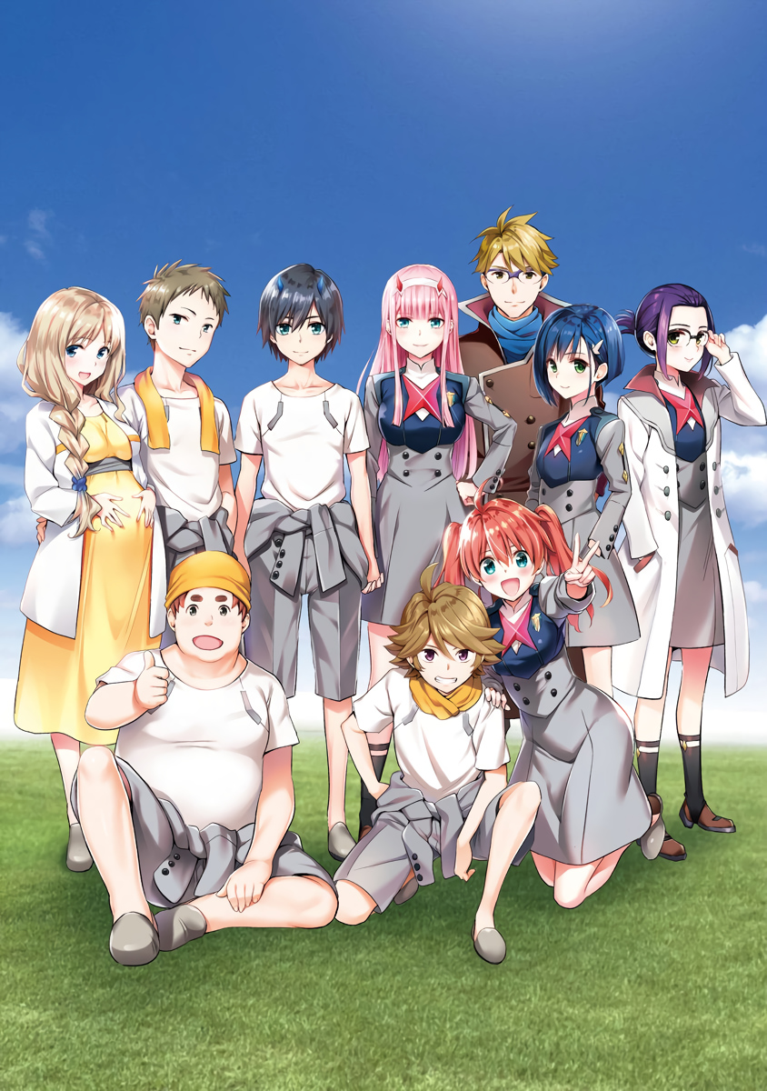 5boys 5girls black_hair blonde_hair blue_eyes blue_horns brown_hair couple darling_in_the_franxx futoshi_(darling_in_the_franxx) gorou_(darling_in_the_franxx) green_eyes hairband holding_hands highres hiro_(darling_in_the_franxx) horns ichigo_(darling_in_the_franxx) ikuno_(darling_in_the_franxx) kokoro_(darling_in_the_franxx) long_hair looking_at_viewer miku_(darling_in_the_franxx) mitsuru_(darling_in_the_franxx) multiple_boys multiple_girls official_art oni_horns pink_hair pregnant red_horns school_uniform short_hair white_hairband yabuki_kentarou zero_two_(darling_in_the_franxx) zorome_(darling_in_the_franxx)