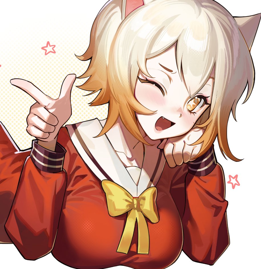 1girl :d animal_ears blonde_hair blush bow breasts cat_ears cat_girl commentary double-parted_bangs english_commentary erinartista fang gradient_hair hand_up large_breasts long_sleeves looking_at_viewer multicolored_hair one_eye_closed open_mouth original pointing pointing_at_viewer red_shirt sailor_collar school_uniform shirt short_hair simple_background smile solo star-shaped_pupils star_(symbol) symbol-shaped_pupils white_background yellow_bow yellow_eyes