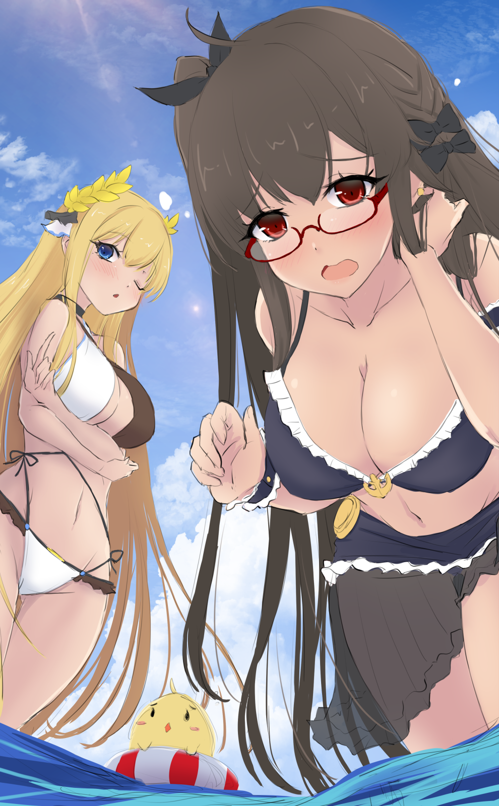 2girls alternate_costume anchor_symbol arms_under_breasts azur_lane bikini black_hair black_ribbon black_sarong blonde_hair blue_eyes blue_sky blush breasts brown_bikini cleavage frilled_bikini frills hair_ribbon highres large_breasts laurel_crown london_(azur_lane) long_hair looking_at_viewer manjuu_(azur_lane) multicolored_bikini multiple_girls one_eye_closed purple_bikini red-framed_eyewear ribbon sarong see-through_clothes see-through_sarong semi-rimless_eyewear sky summer swimsuit two-tone_bikini under-rim_eyewear underboob very_long_hair victorious_(azur_lane) waa!_okami wading water