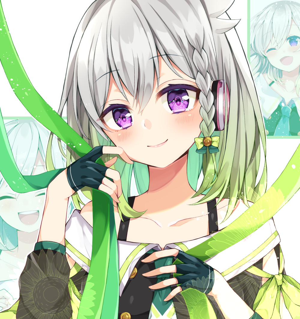 1girl :d ;d ^_^ bare_shoulders black_gloves black_shirt blush braid closed_eyes closed_mouth collarbone commentary_request fingerless_gloves gloves gradient_hair green_hair green_ribbon grey_hair hair_between_eyes half_gloves hand_up headphones maki_soutoki multicolored_hair multiple_views off-shoulder_shirt off_shoulder one_eye_closed open_mouth purple_eyes ribbon shirt smile virtual_youtuber white_background yuni_(yuni_channel) yuni_channel