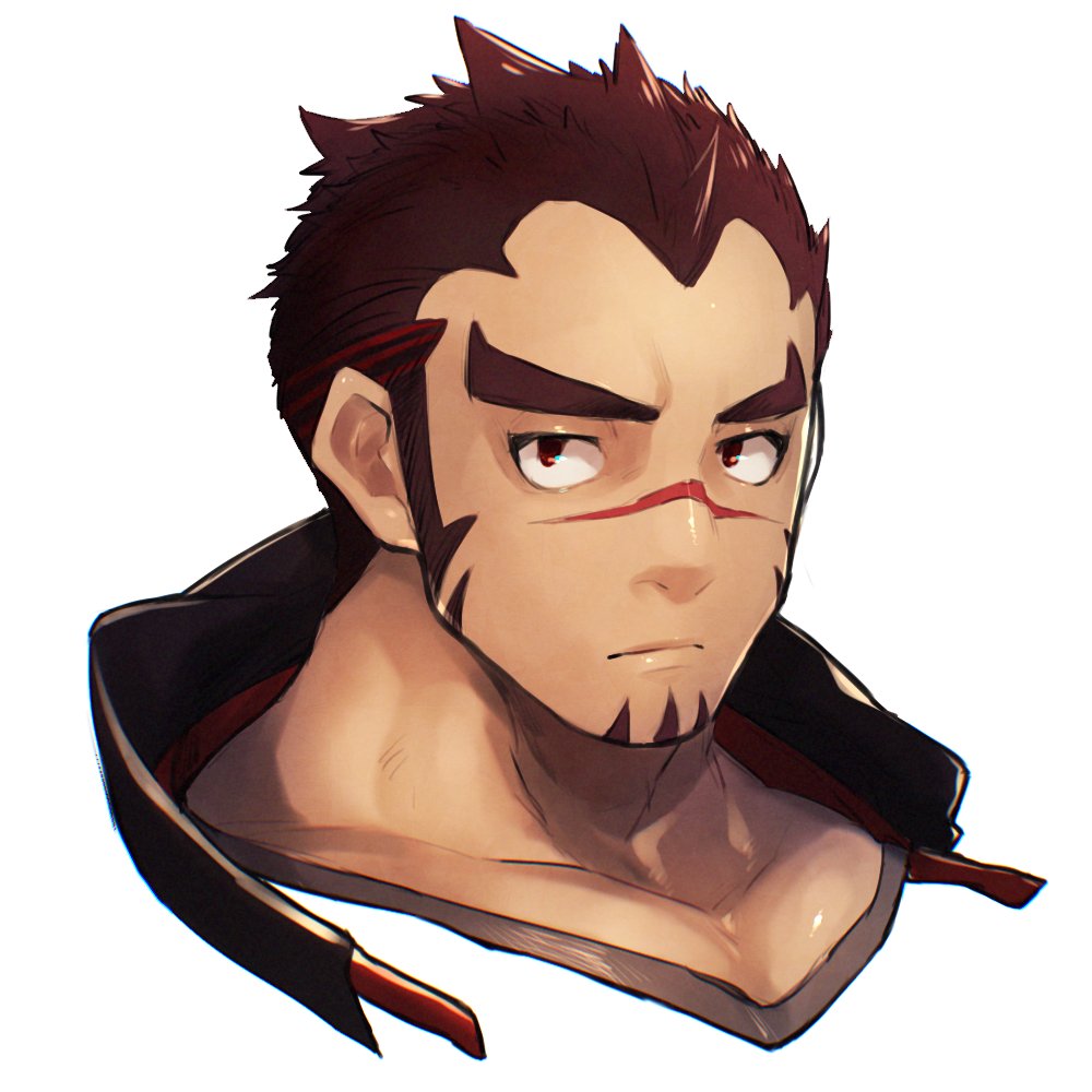 1boy akashi_(live_a_hero) close-up collarbone commentary_request facial_hair goatee head_only live_a_hero long_sideburns looking_at_viewer male_focus mid_(mid_skb) multicolored_hair muscular muscular_male portrait red_eyes red_hair scar scar_on_face scar_on_nose short_hair sideburns solo thick_eyebrows undercut