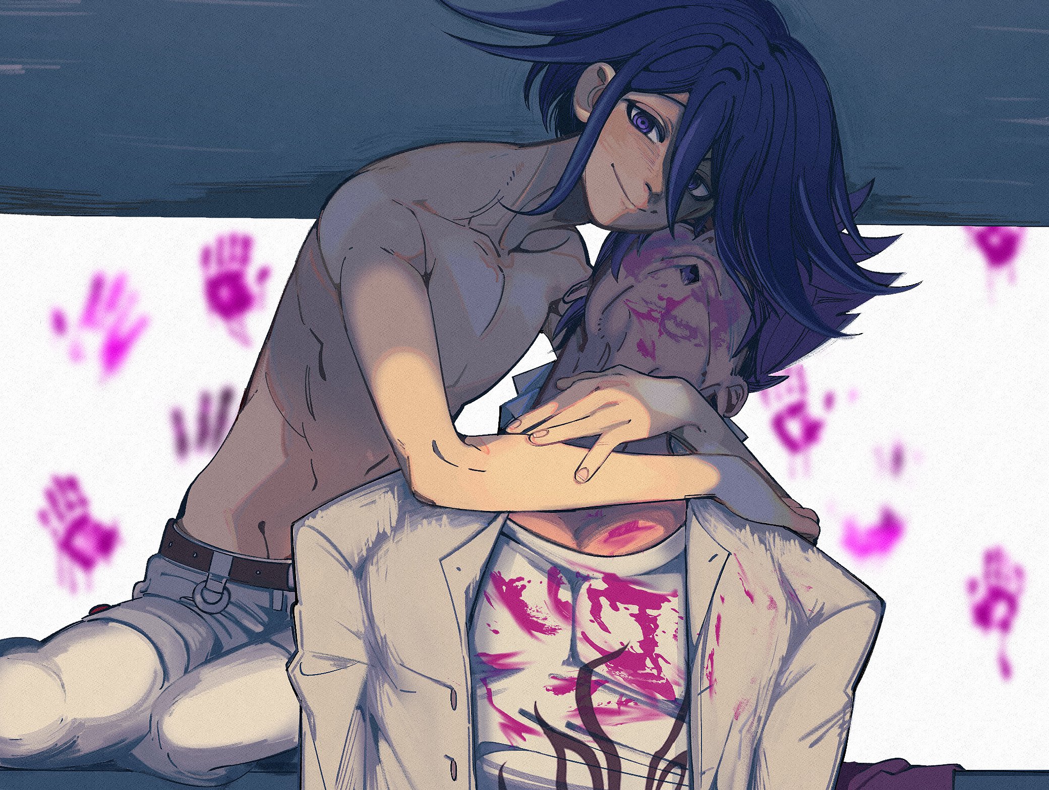 2boys blood blood_on_clothes blood_on_face bloody_handprints blush cheek-to-cheek collarbone commentary danganronpa_(series) danganronpa_v3:_killing_harmony english_commentary eyelashes facial_hair flipped_hair goatee hair_between_eyes handprint head_hug heads_together highres leaning_back looking_at_viewer lovepoints male_focus medium_hair momota_kaito multiple_boys oma_kokichi open_clothes open_shirt pants pectoral_cleavage pectorals pink_blood print_shirt purple_eyes purple_facial_hair purple_hair ringed_eyes shirt short_hair skinny smile spiked_hair spoilers toned toned_male topless_male white_pants white_shirt