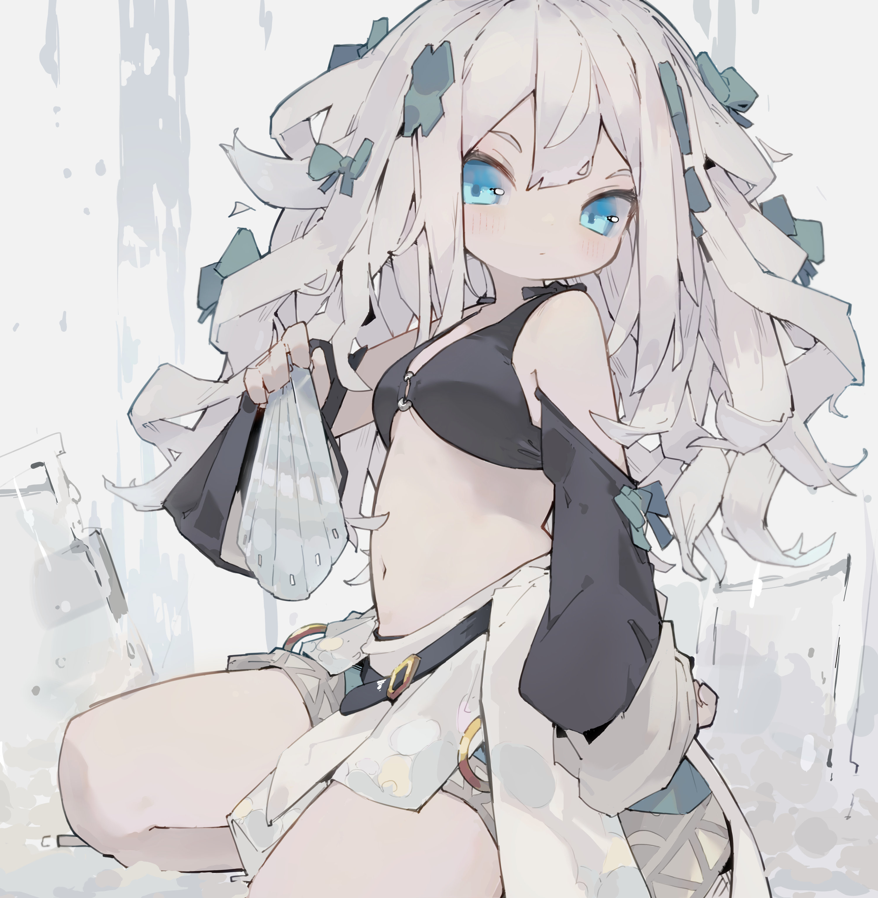 1girl absurdres aqua_eyes bare_shoulders belt bikini black_belt bow closed_mouth detached_sleeves folding_fan green_bow grey_hair grey_skirt hair_bow hair_ornament hand_fan highres holding holding_fan light_blush long_hair looking_to_the_side messy_hair navel nep_(nep_76) o-ring o-ring_bikini original sitting skirt sleeves_past_wrists solo swimsuit water waterfall x_hair_ornament