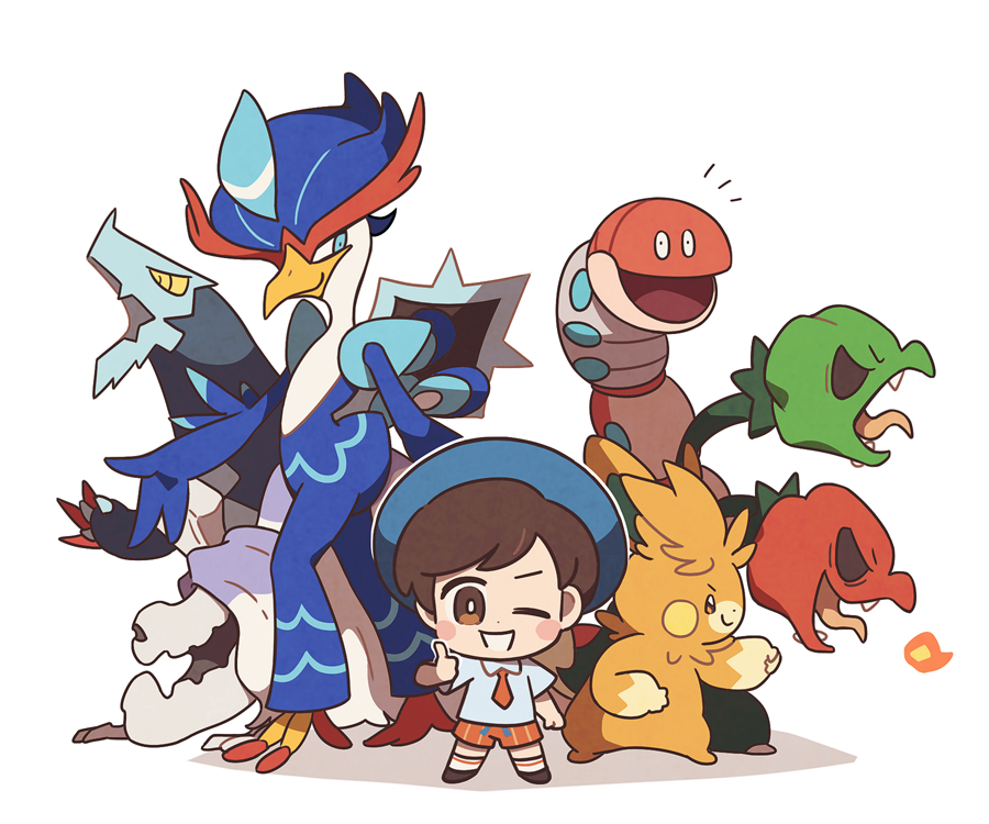 1boy ;d baxcalibur black_footwear blue_headwear brown_eyes brown_hair chibi closed_mouth collared_shirt commentary fangs fire florian_(pokemon) grey_shirt hat houndstone looking_at_viewer male_focus multiple_heads naranja_academy_school_uniform necktie nintendo notice_lines one_eye_closed open_mouth orange_necktie orange_shorts orthworm pawmot pokemon pokemon_(creature) pokemon_sv quaquaval school_uniform scovillain shirt shoes short_hair short_sleeves shorts smile socks ssalbulre standing striped_clothes striped_shorts thumbs_up tongue tongue_out vertical-striped_clothes vertical-striped_shorts white_socks